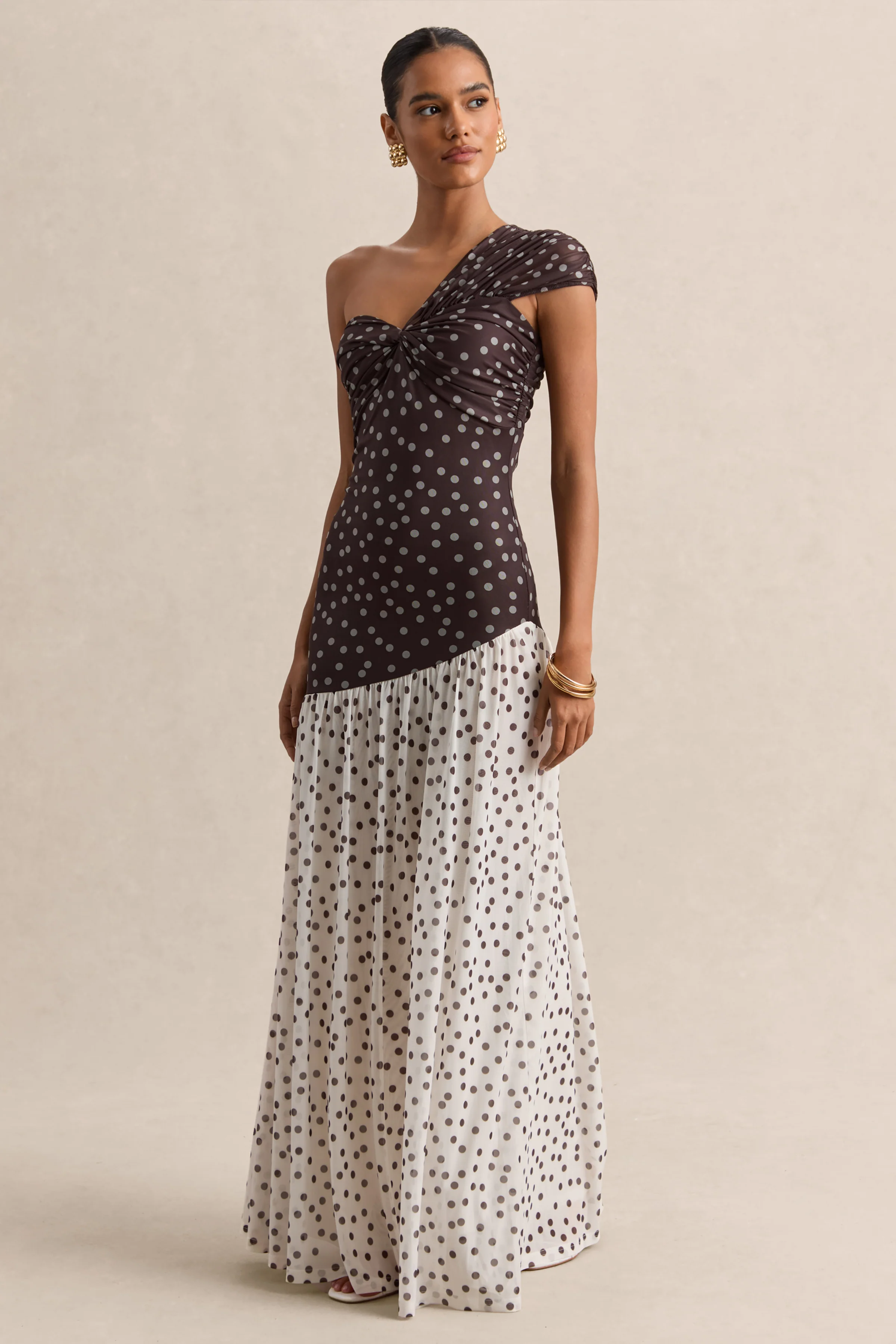 Motira | Brown Polka-Dot Asymmetric-Neck Maxi Dress With Asymmetric Drop-Waist