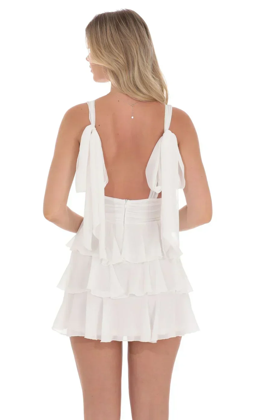 Plunge Neck Ruffle Dress in White