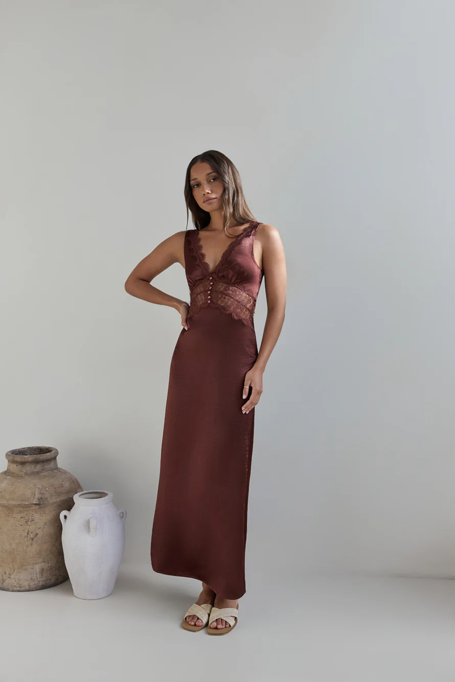 Romantic One Satin Maxi Dress Brown - luluinthesky