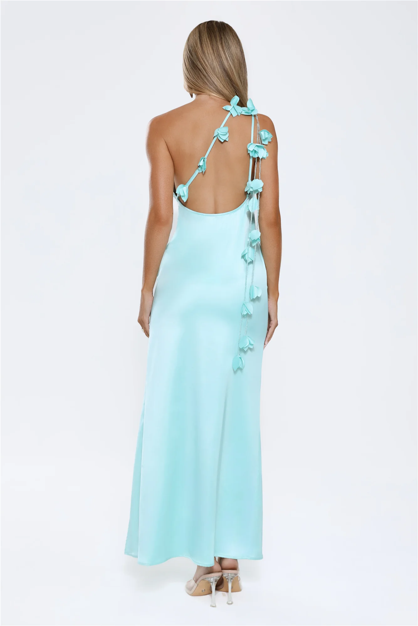 Romance Redefined One Shoulder Satin Maxi Dress Aqua