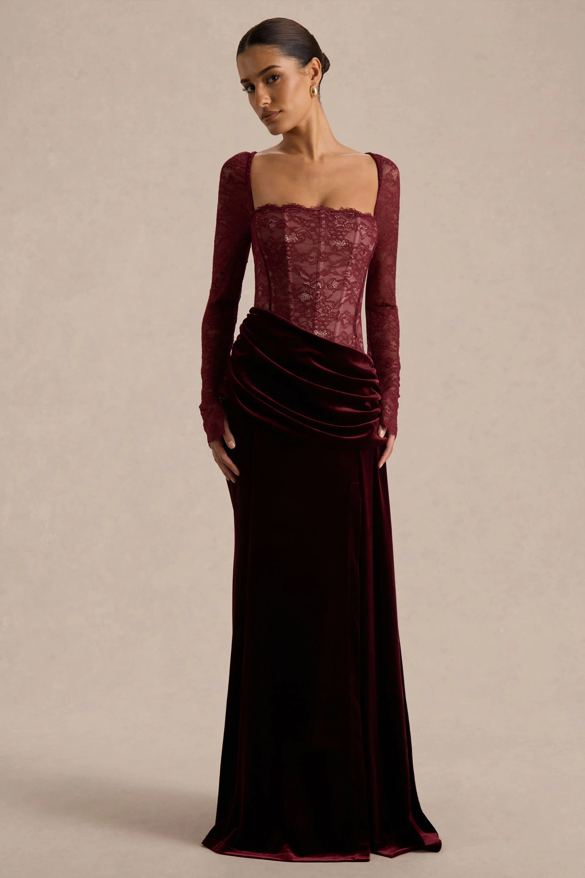 Finesse | Burgundy Lace And Velvet Square-Neck Maxi Dress With Draped Skirt