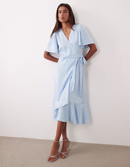 YAS satin wrap midi dress in light blue