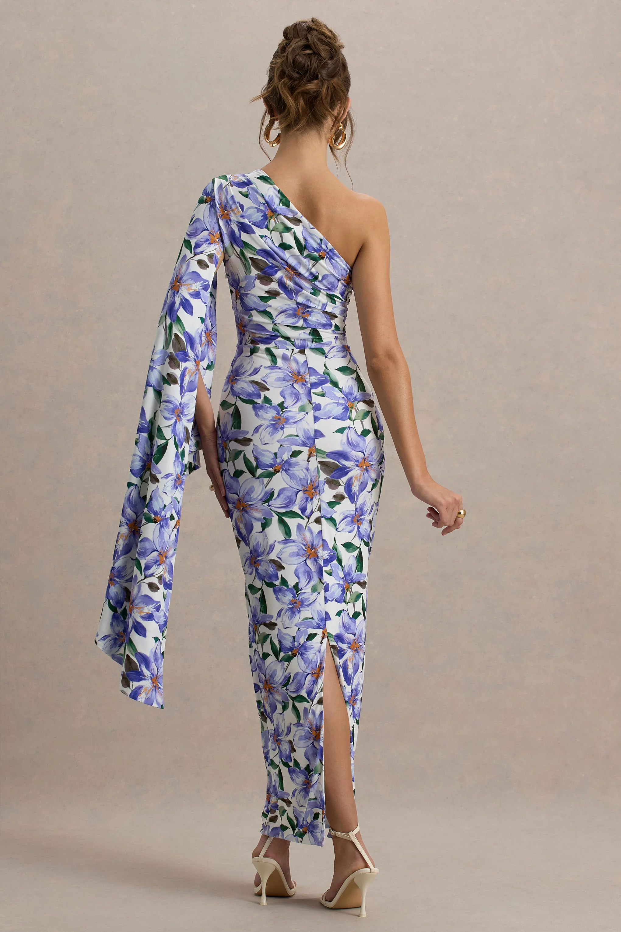 Clementina | Purple Lily Print Asymmetric Cape Sleeve Maxi Dress