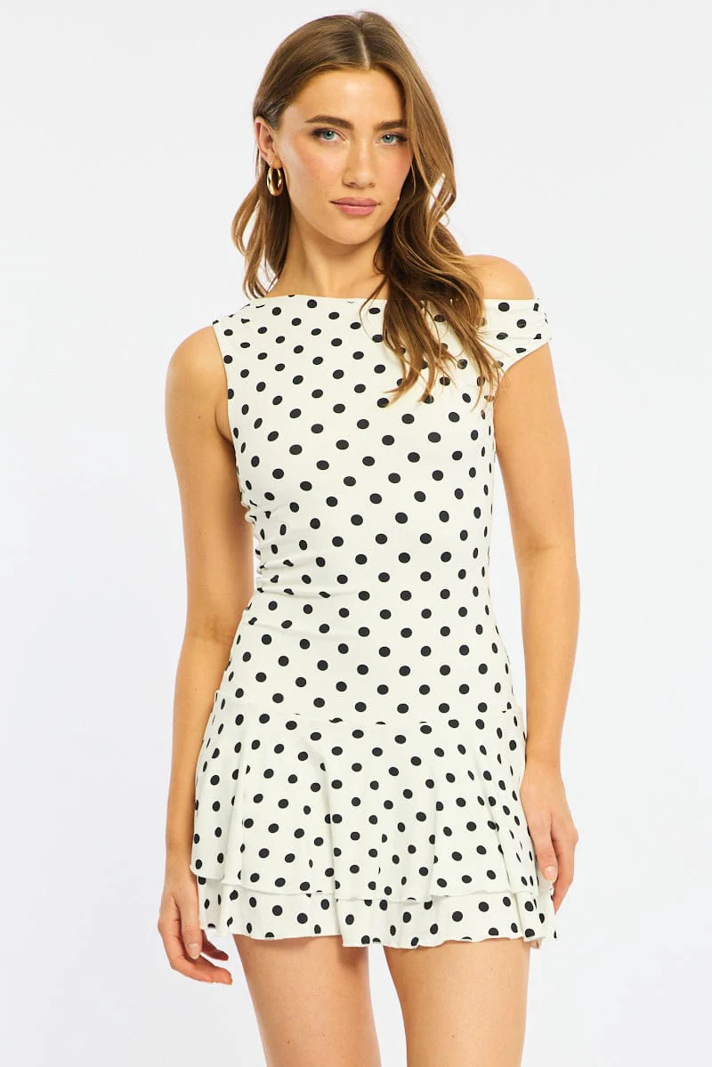 White Polka Dot Mini Dress Off Shoulder