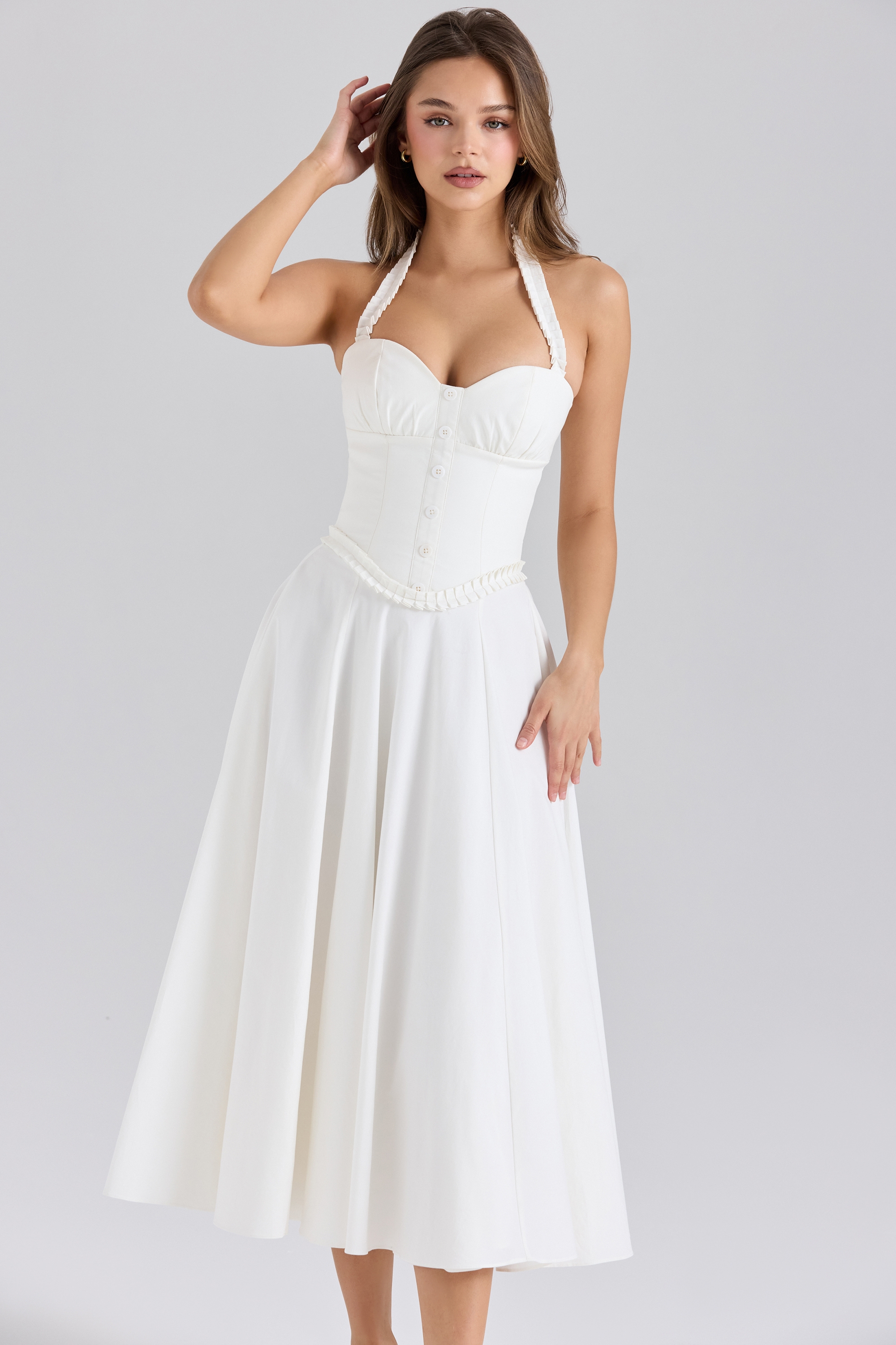 white stretch cotton halter neck midi dress