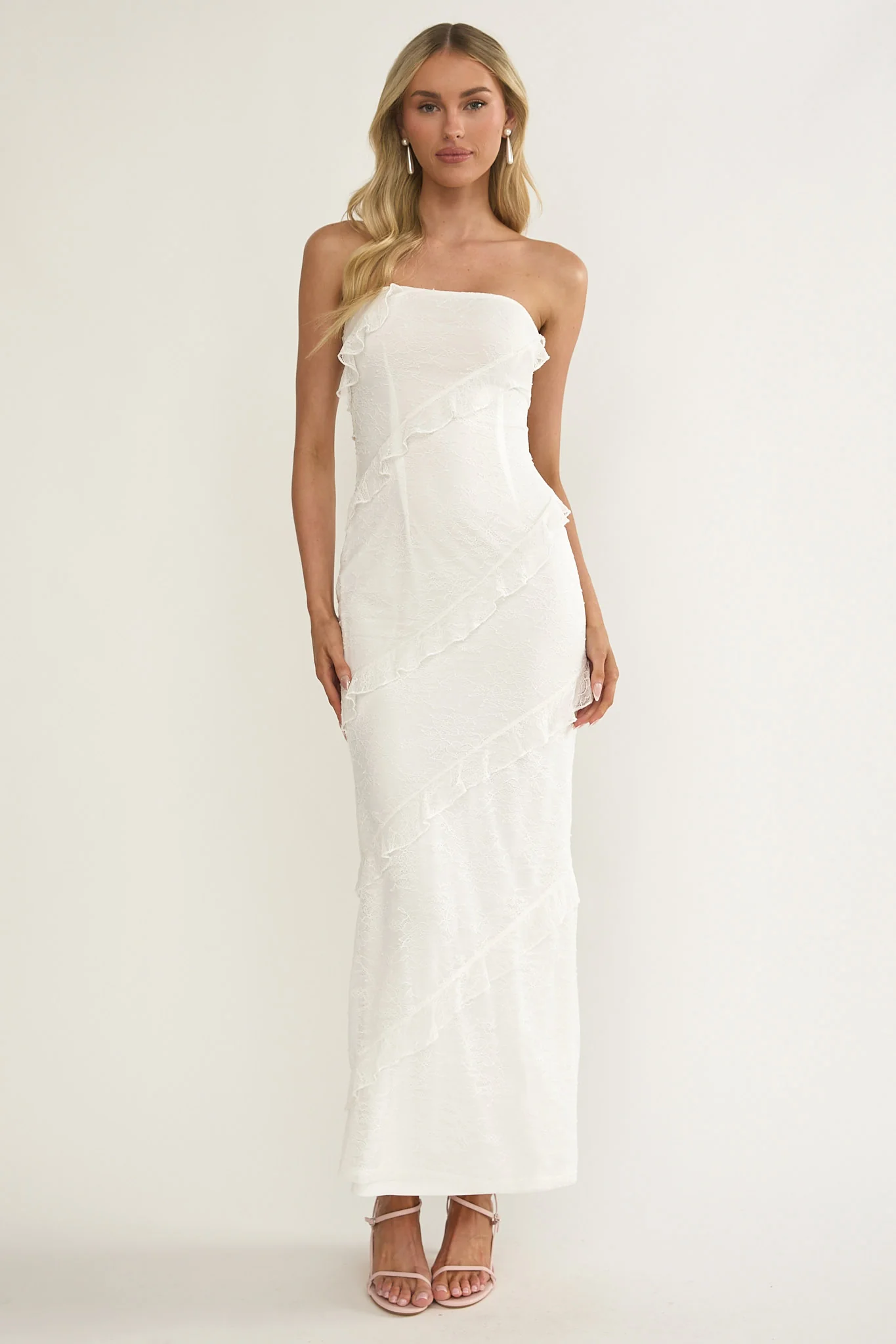 Metrics Strapless Frill Maxi Dress White