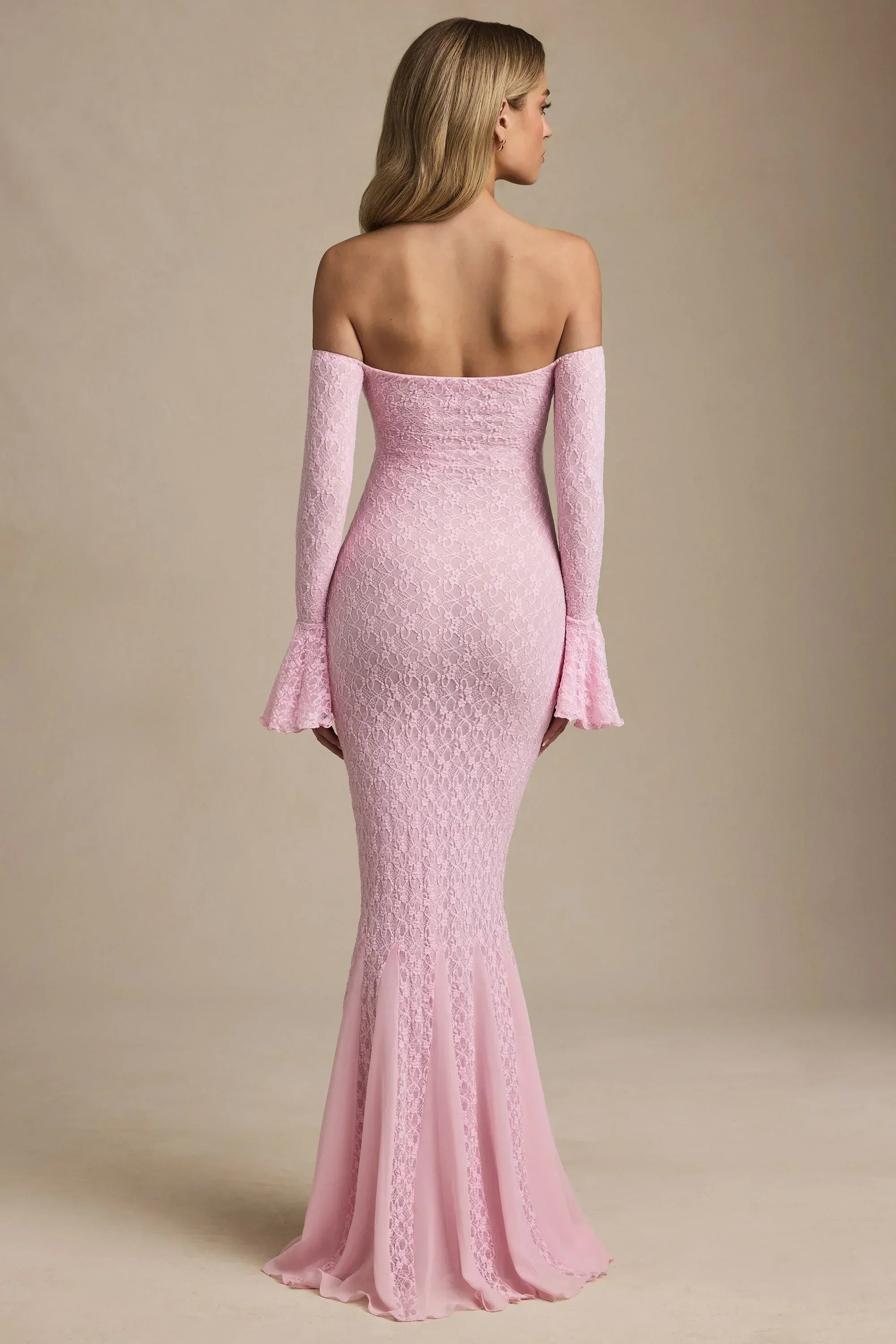 Off-Shoulder Ruffle Lace Maxi Dress in Soft Pink