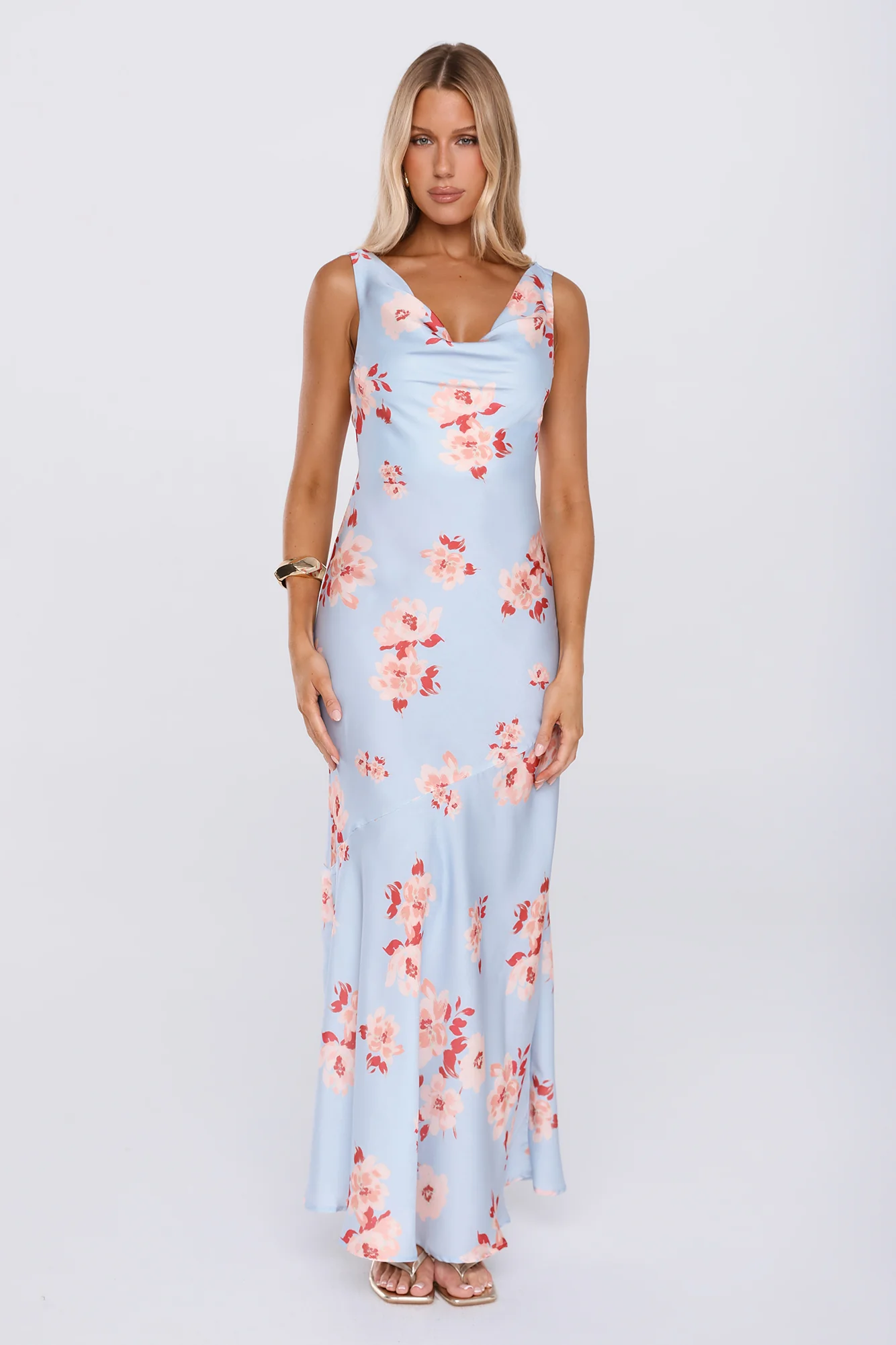 Elegant Garden Satin Cowl Neck Maxi Dress Blue