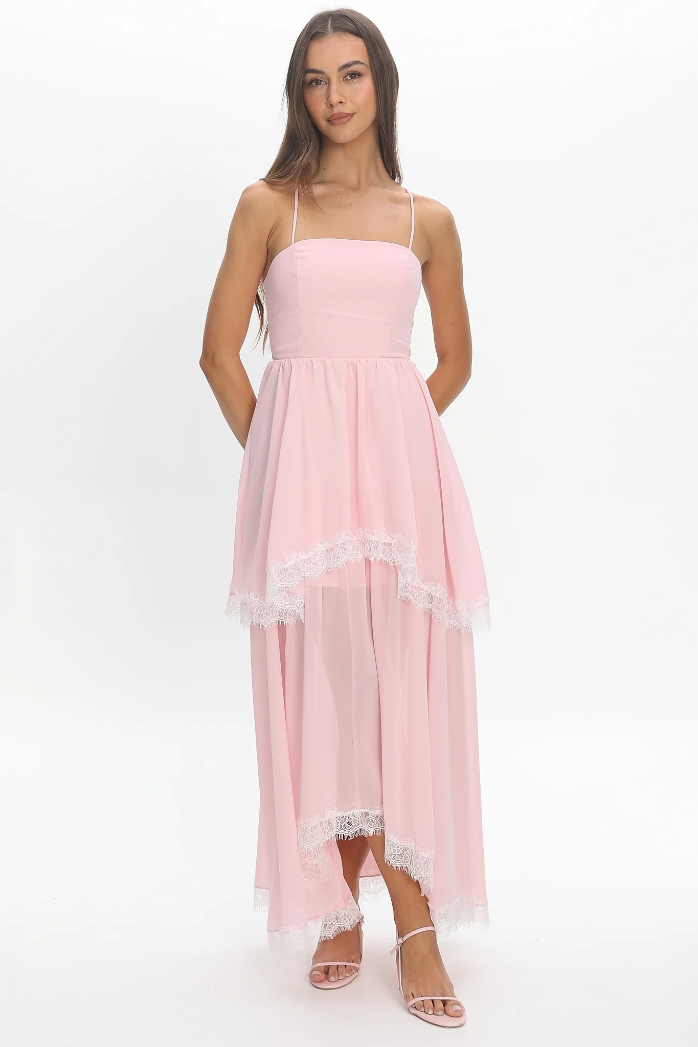 Sunrise on Sunset Lace Trim Maxi Dress Pink