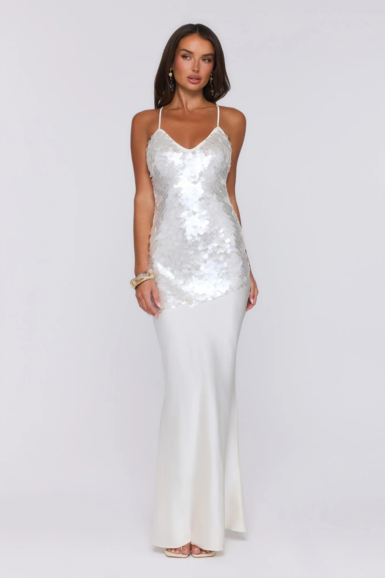 Shimmer Glow Sequin Maxi Dress Ecru White