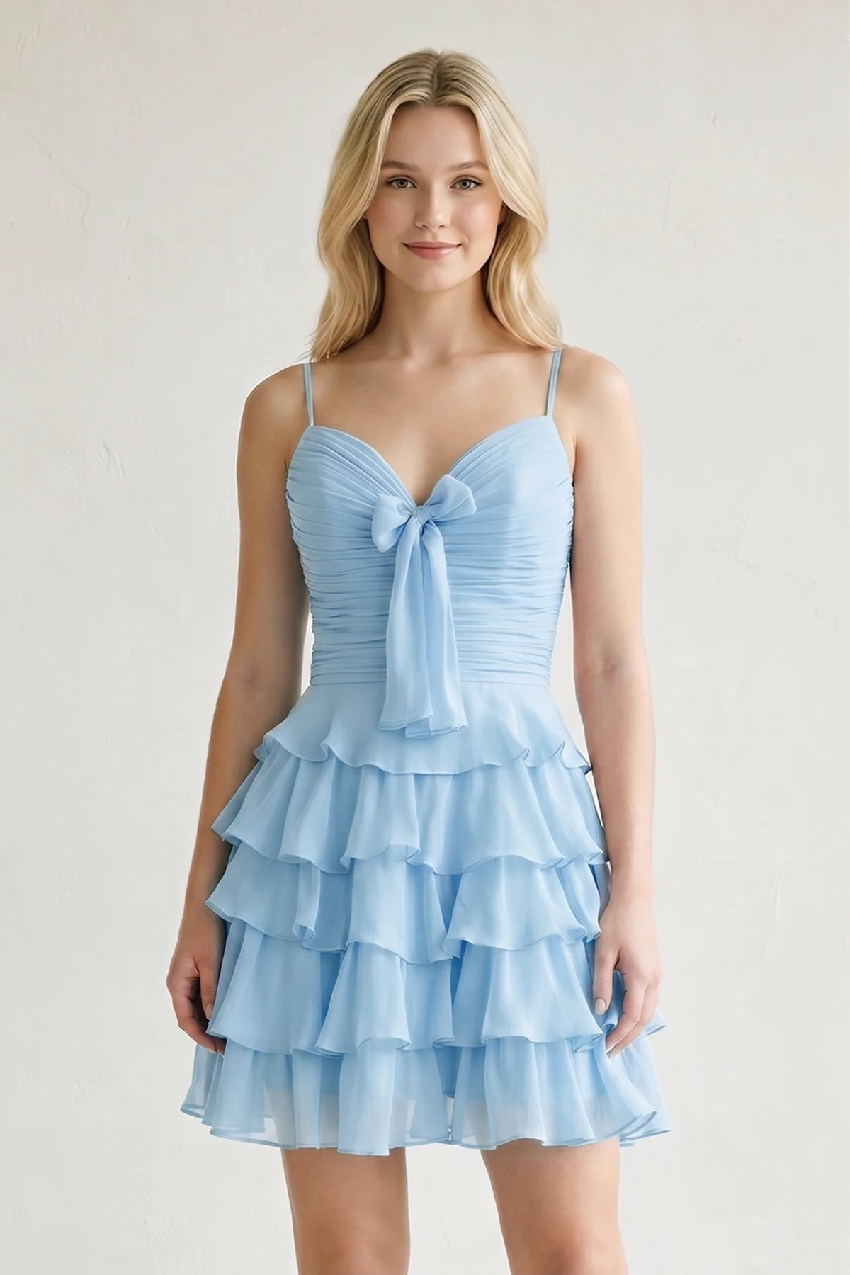 Pink Spaghetti Straps A Line Chiffon Ruffles Homecoming Dresses With Bow