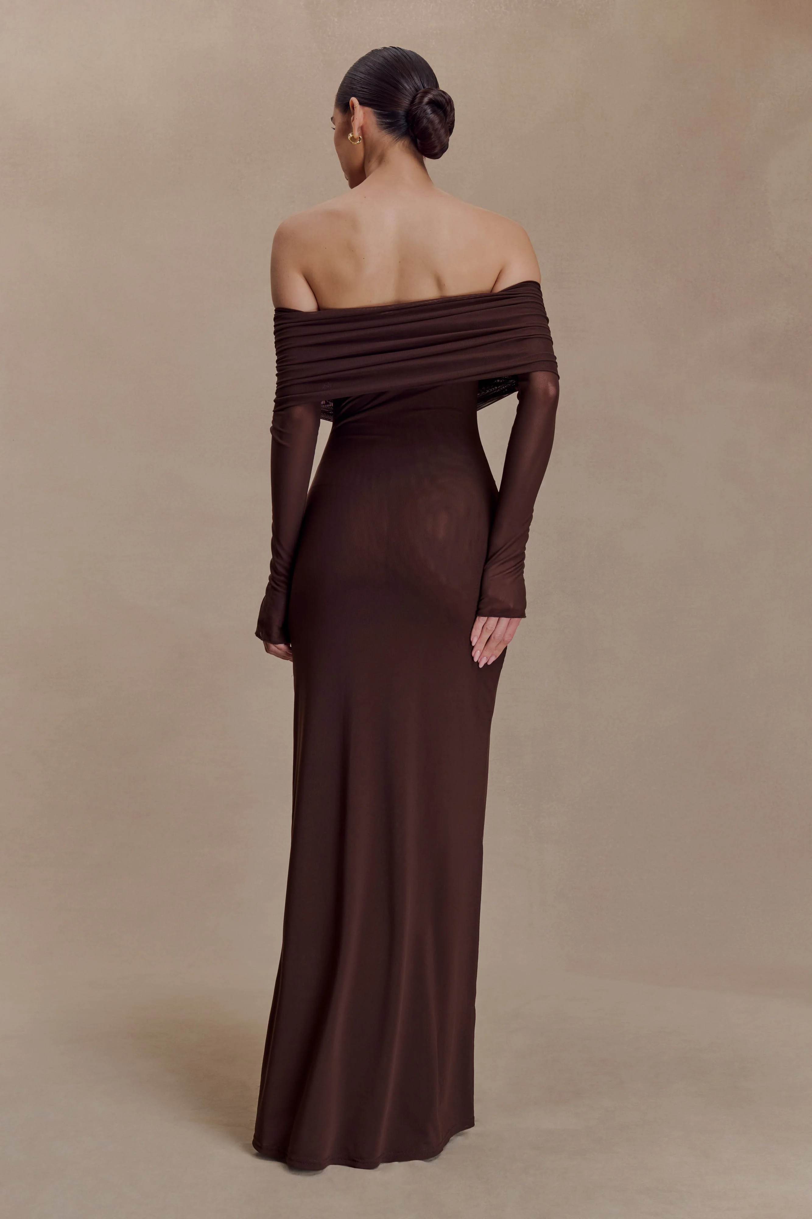 Josie Off Shoulder Mesh Maxi Dress - Dark Brown
