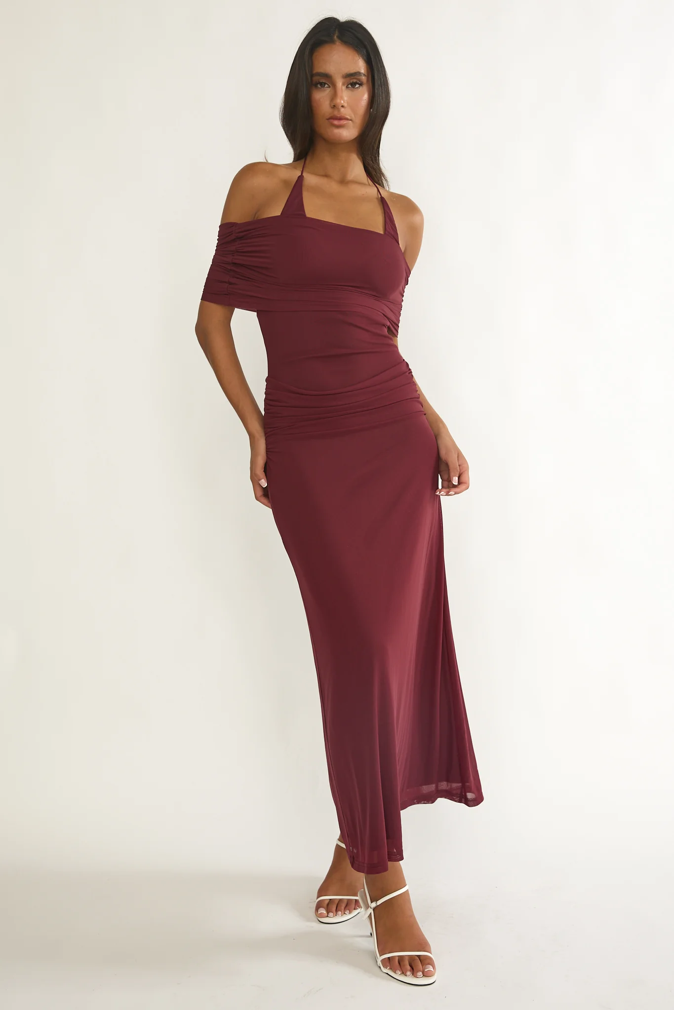 Carielle Off-Shoulder Halter Maxi Dress Wine