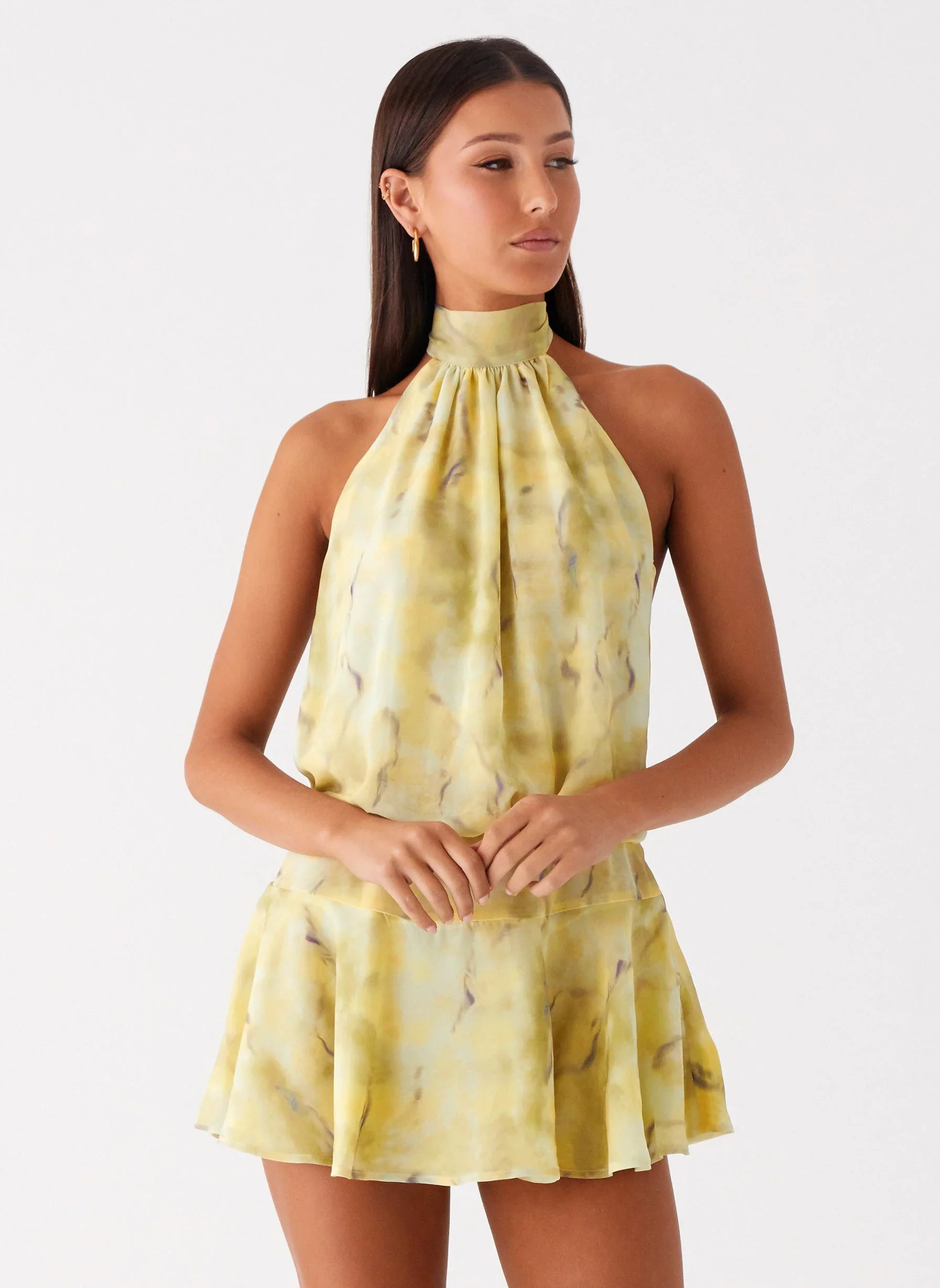 First Date Halter Mini Dress - Yellow Tie Dye