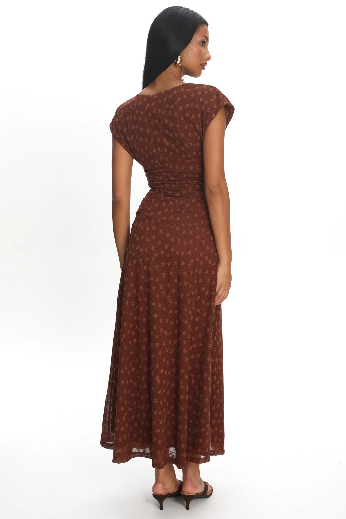 Novia Ruched Bodice Maxi Dress Embroidered Chocolate - luluinthesky