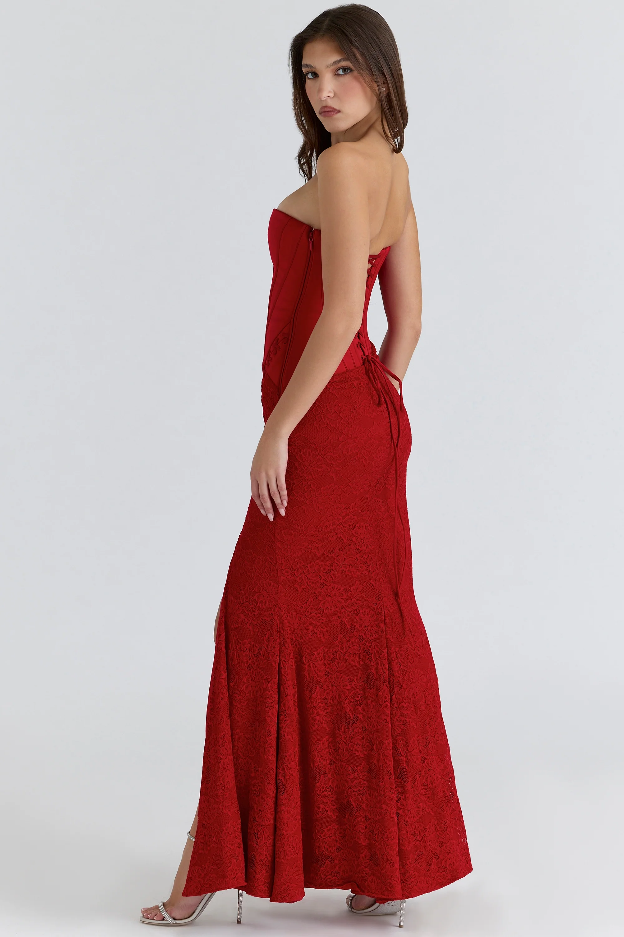 Red Satin Lace Strapless Maxi Dress