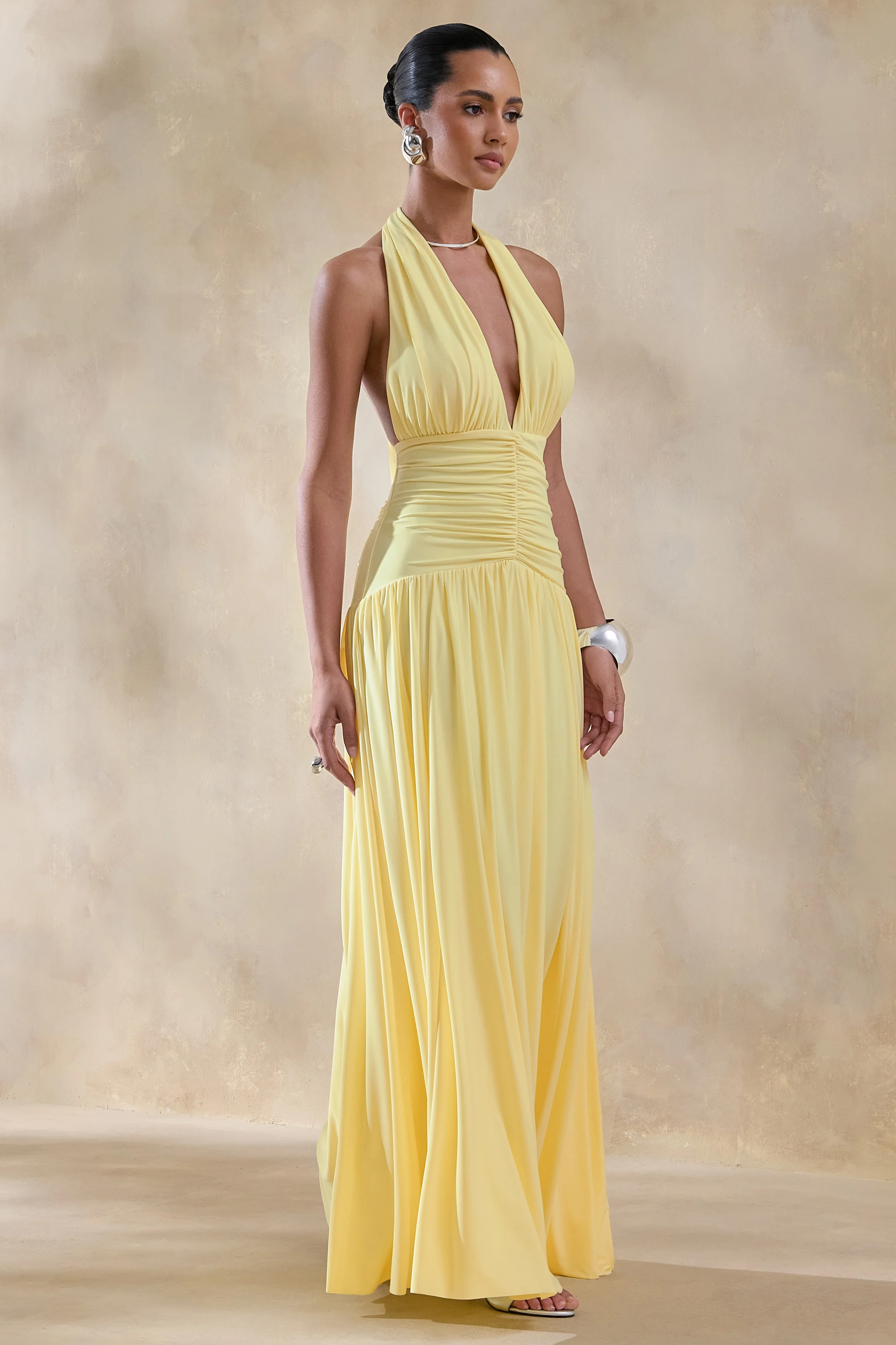 Bettina | Lemon Plunge-Neck Maxi Dress With Gathered-Detailing