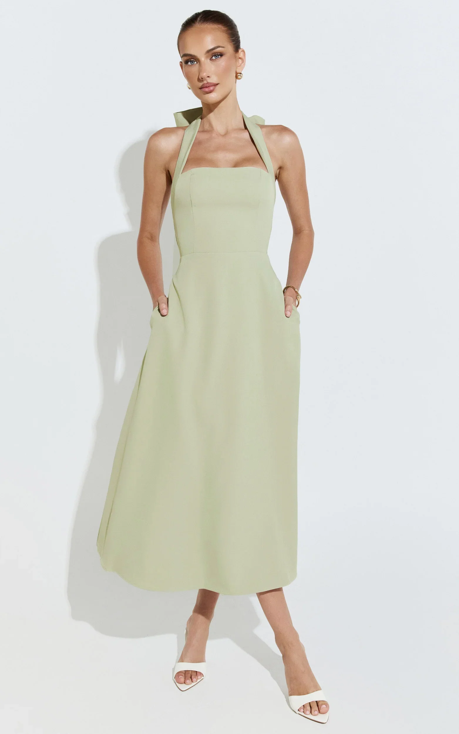 Karissa Midi Dress - Halter Neck Fitted Bodice Midi Soft A Line Skirt Dress in Pistachio