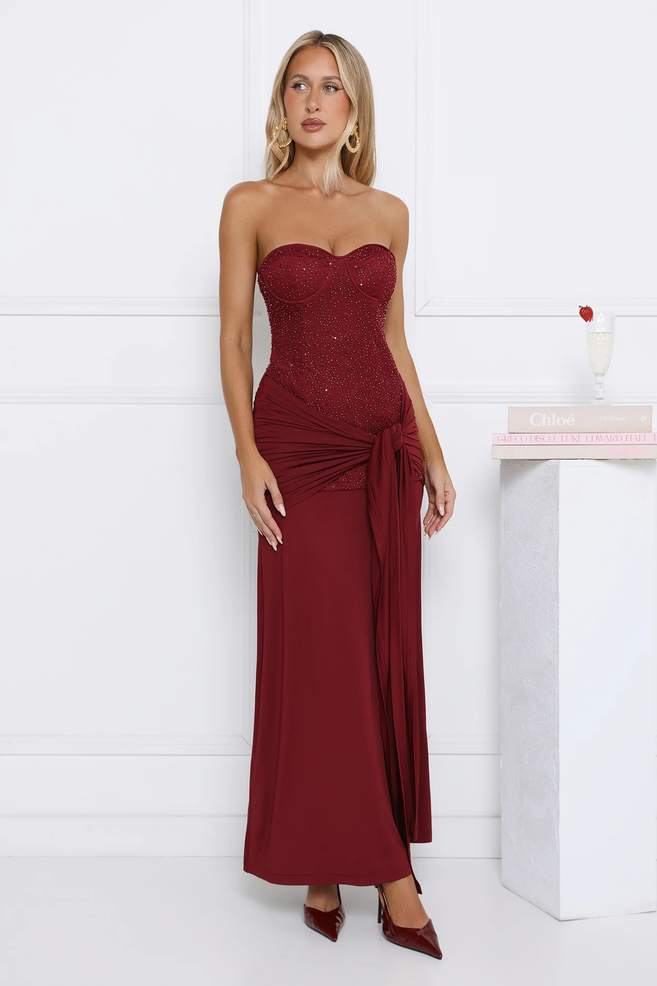 Signature Nights Embellished Strapless Maxi Dress Red