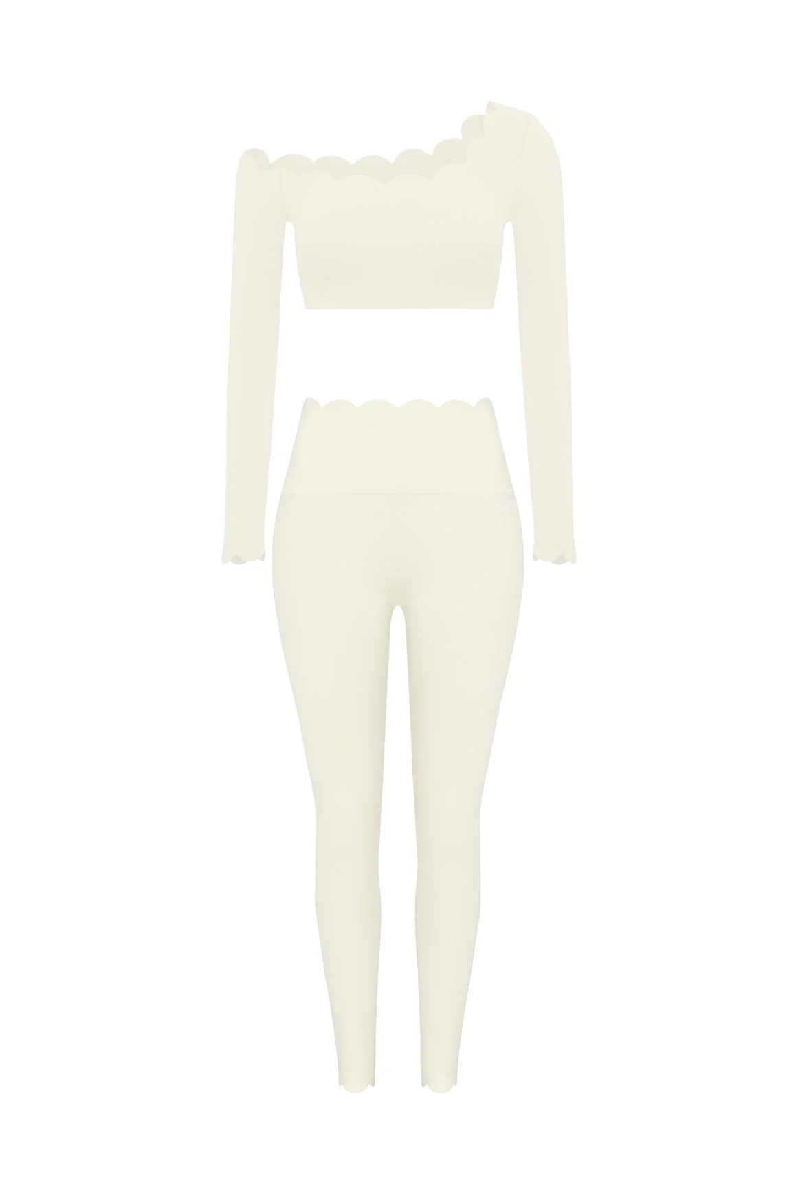 One-shoulder Scallop Long Sleeve Crop Top & High-Waist Scallop Scrunch Legging