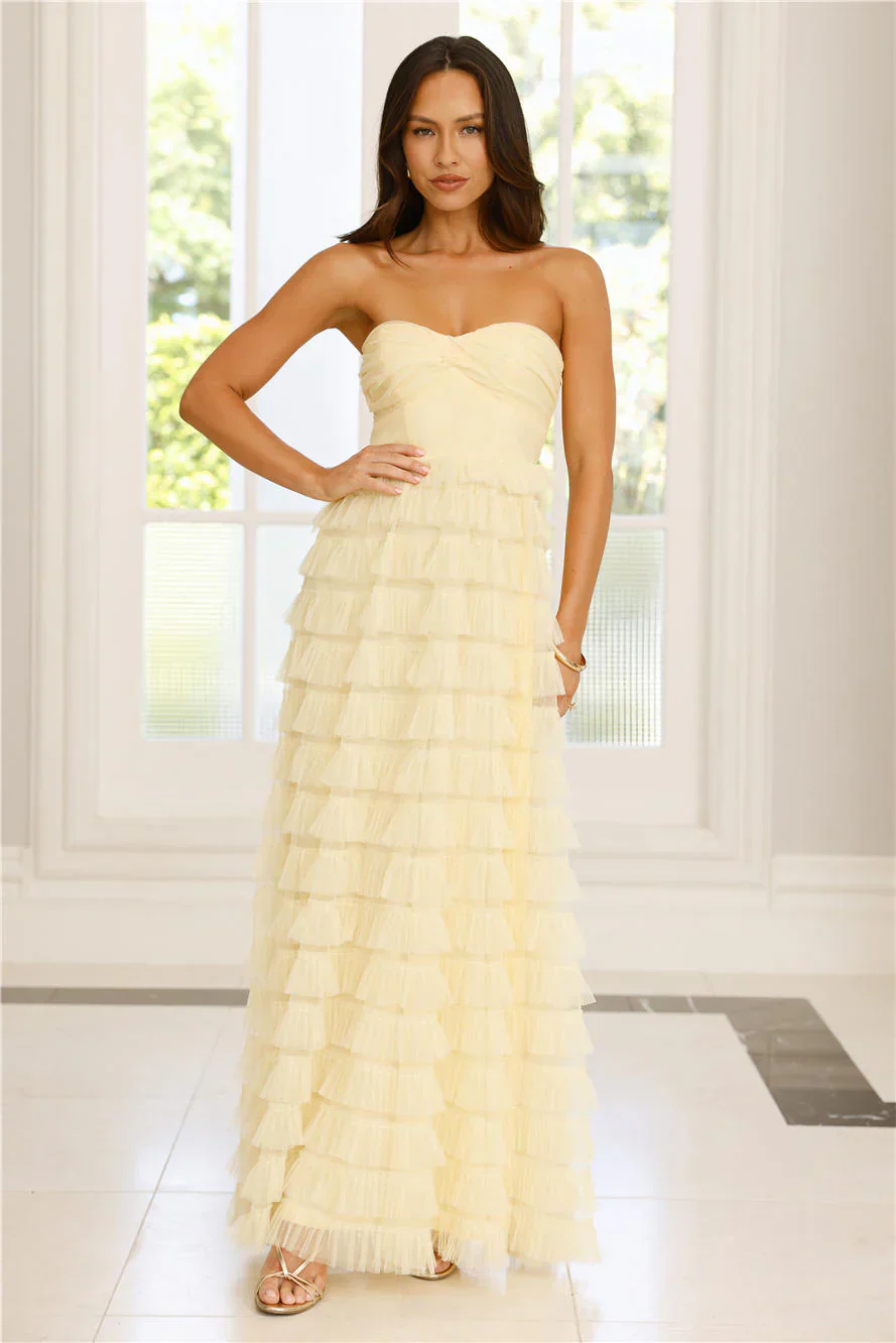 Lovers In Paris Strapless Tulle Maxi Dress Yellow