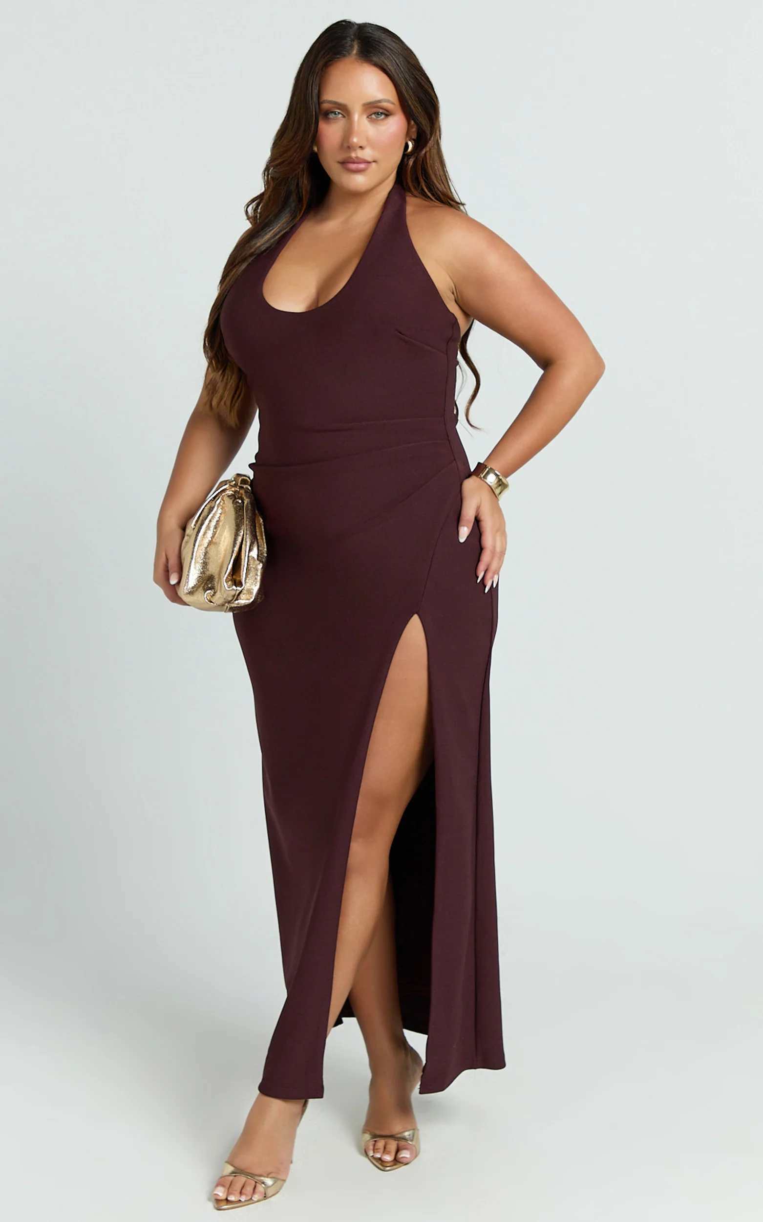 Ruby Maxi Dress - Halter Scoop Neck Low Back Bodycon Dress in Wine