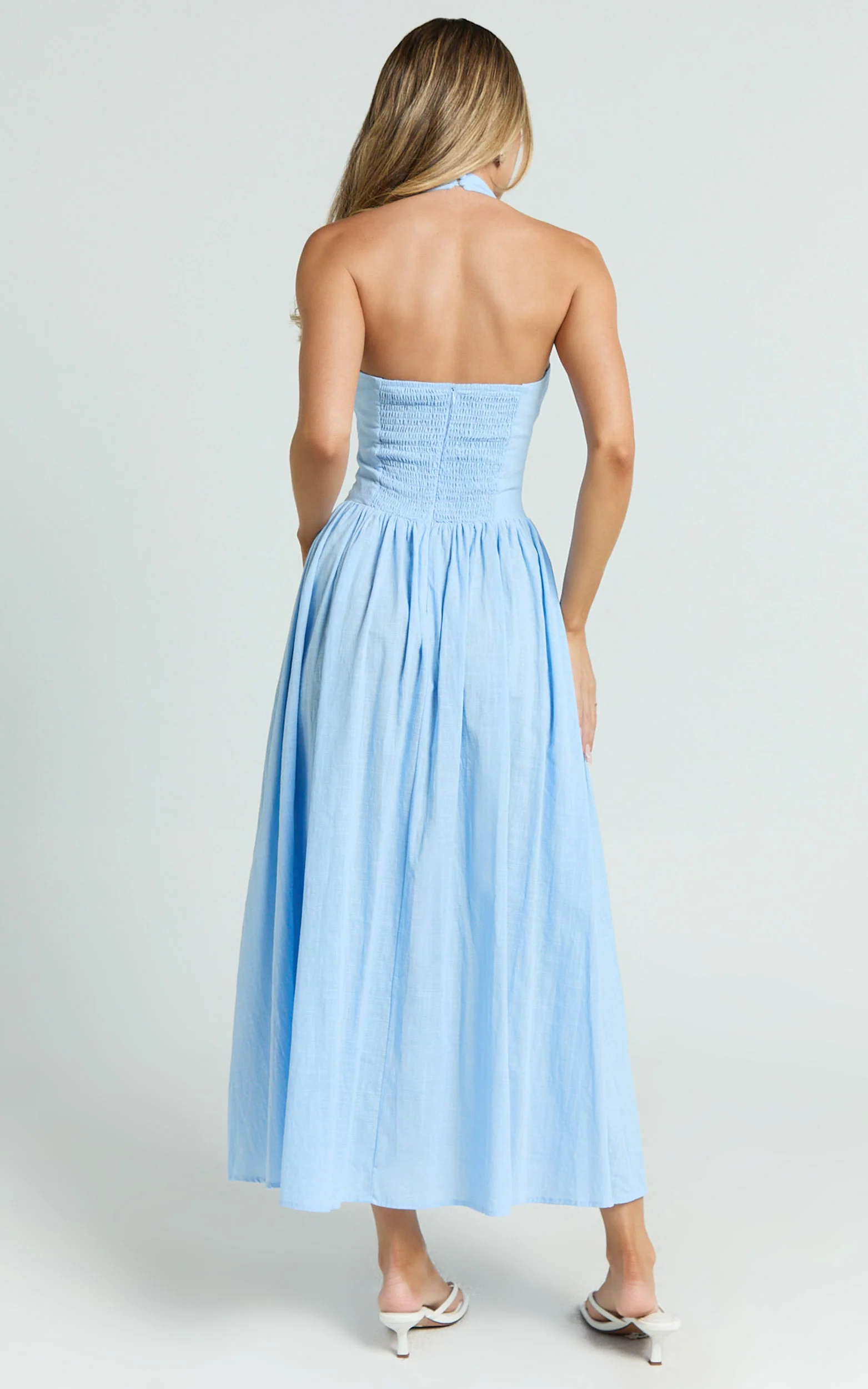 Athena Midi Dress - Halter Drop Waist Dress in Blue