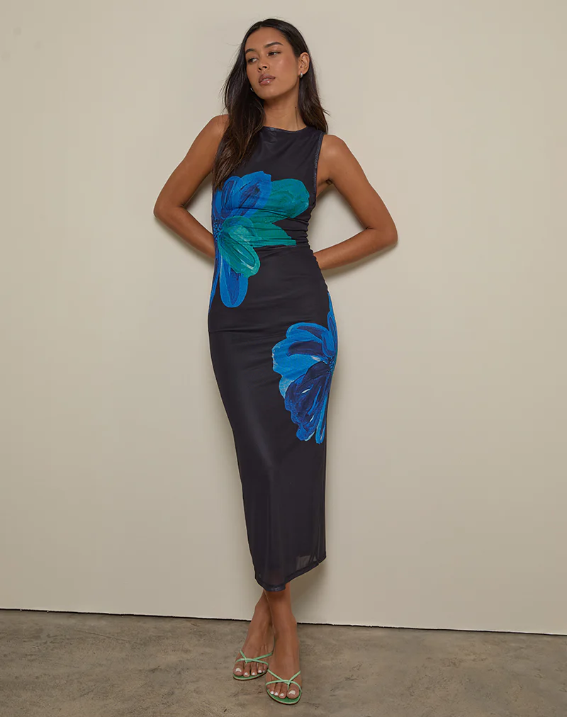 Fayola Printed Maxi Dress in Watercolour Flower Blue