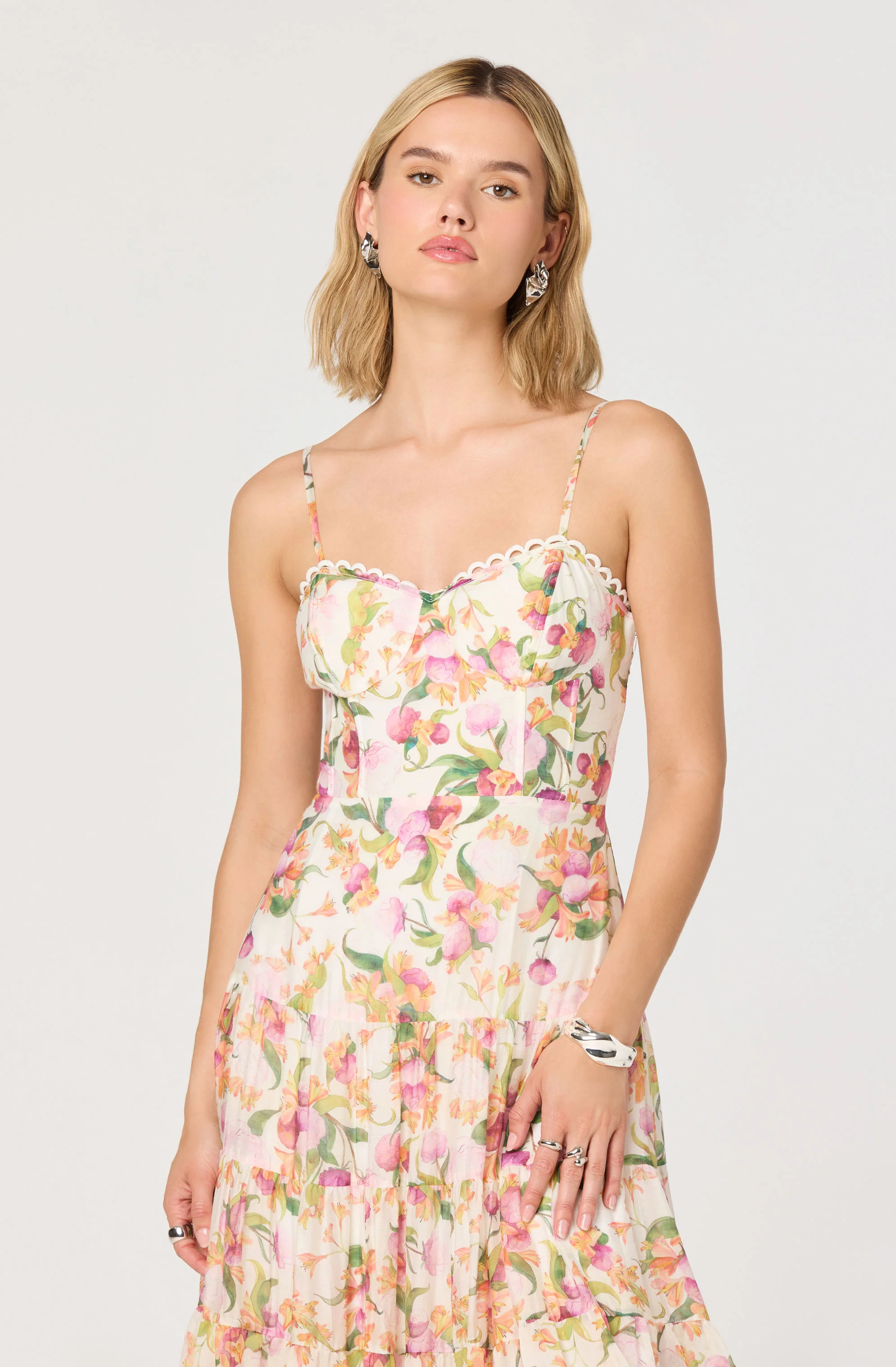 Lianna Floral Scalloped Trim Tiered Maxi Dress