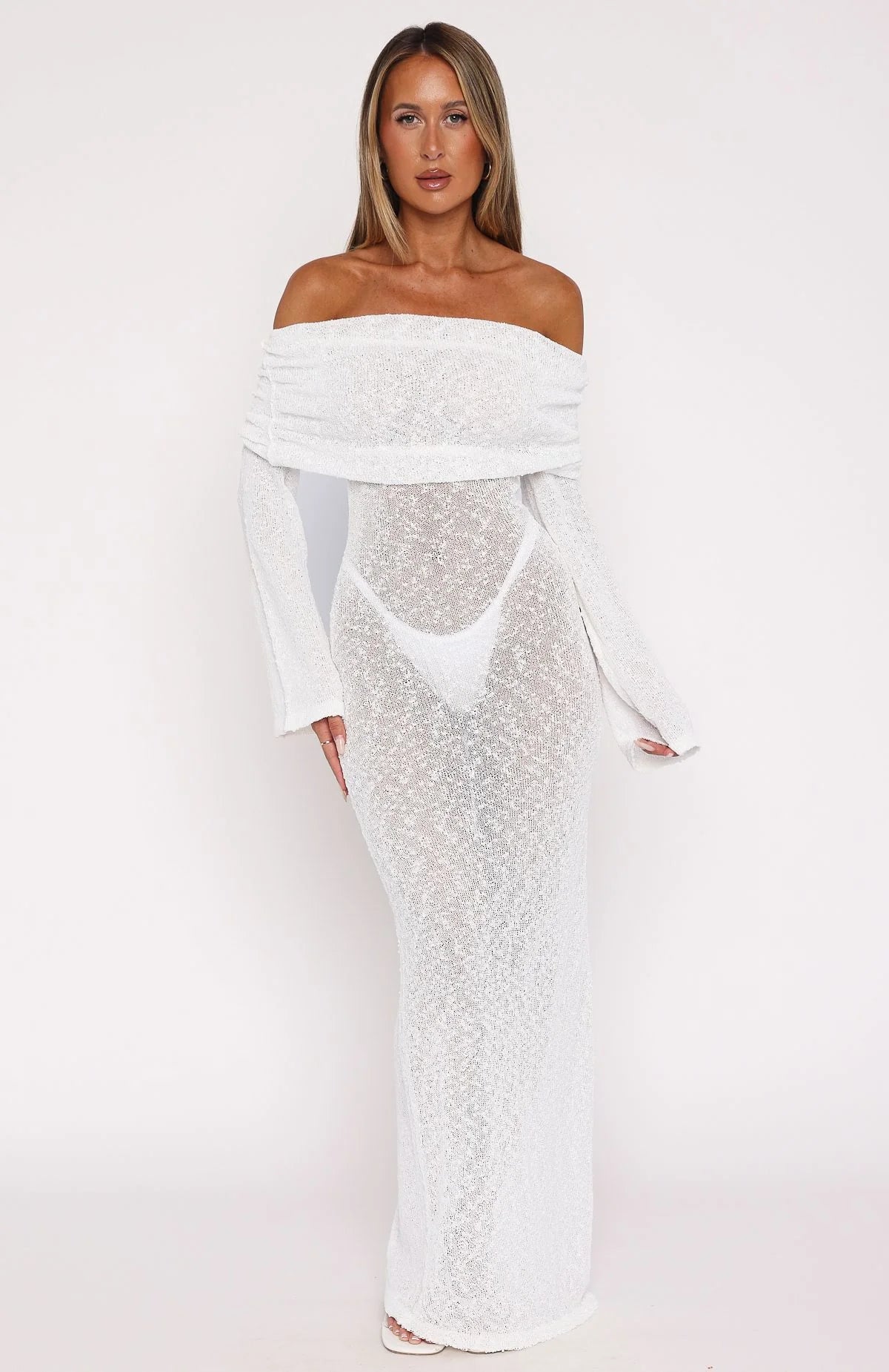 Made It Out Long Sleeve Boucle Maxi Dress White