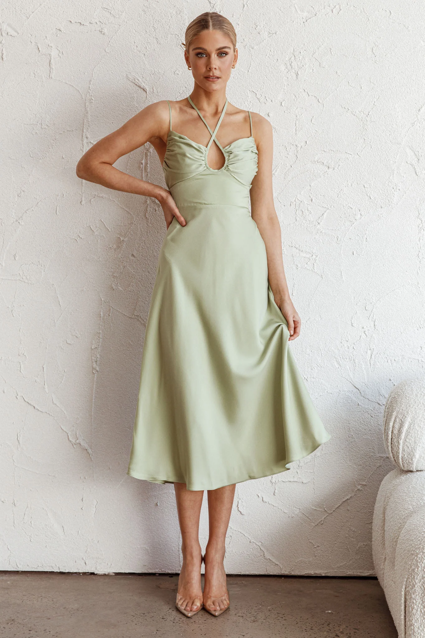 Emmalie Satin Midi Dress Sage