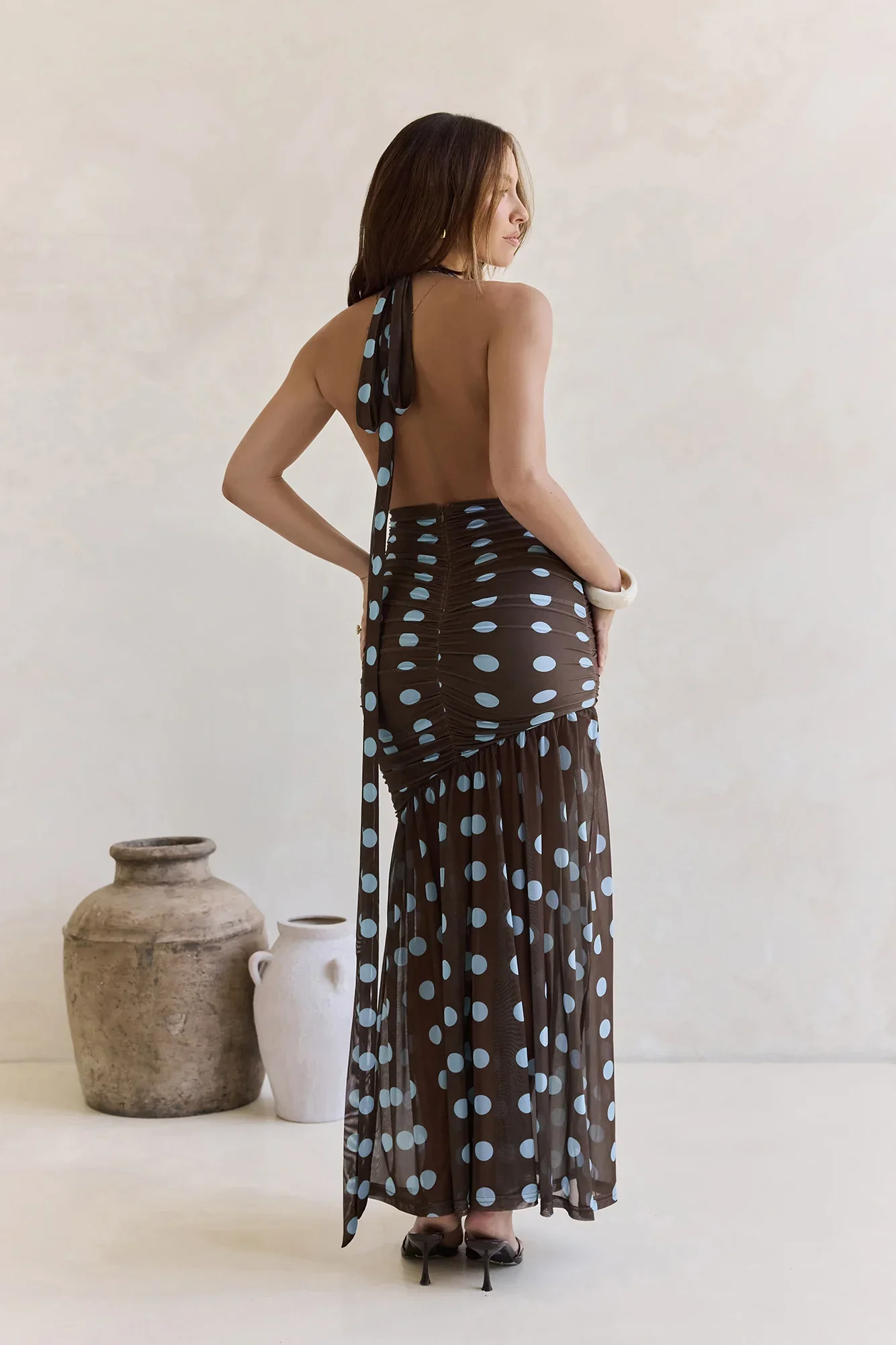 Editors Pick Mesh Halter Maxi Dress Brown