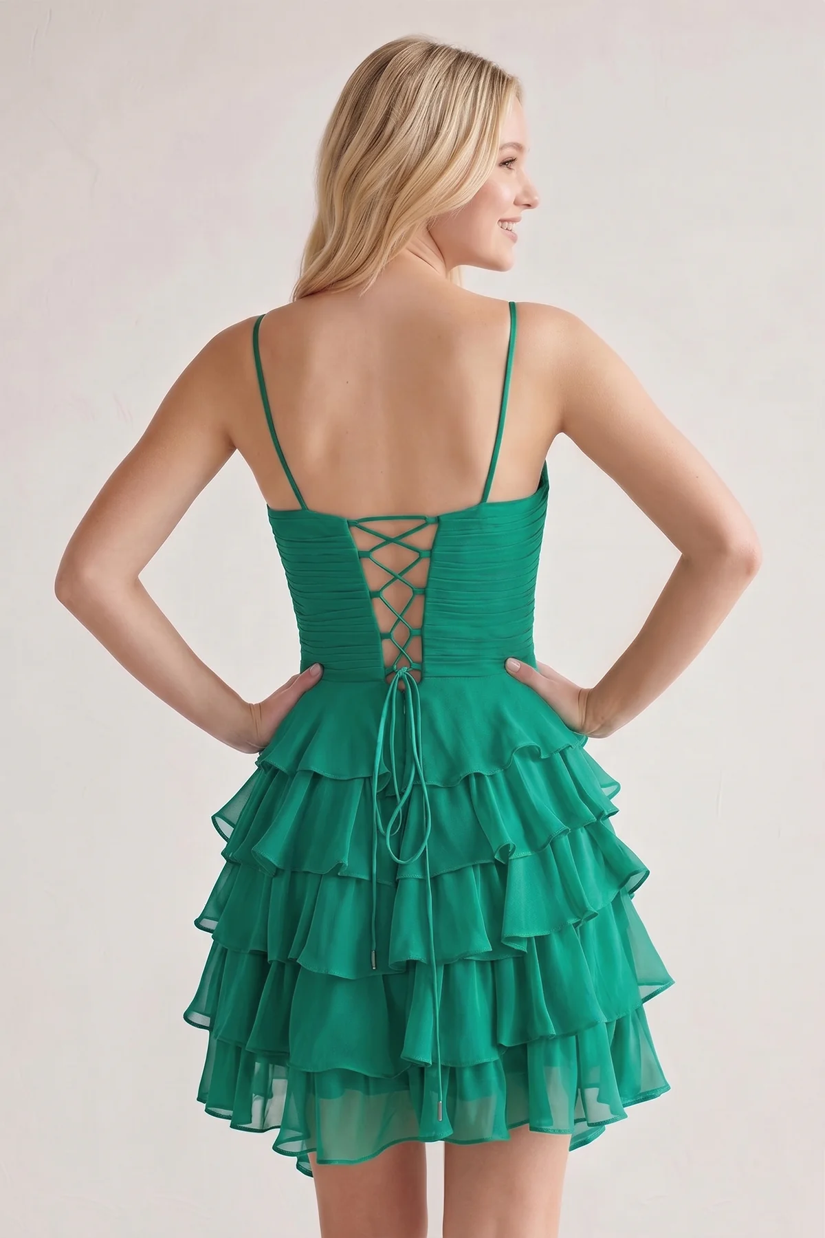Pink Spaghetti Straps A Line Chiffon Ruffles Homecoming Dresses With Bow