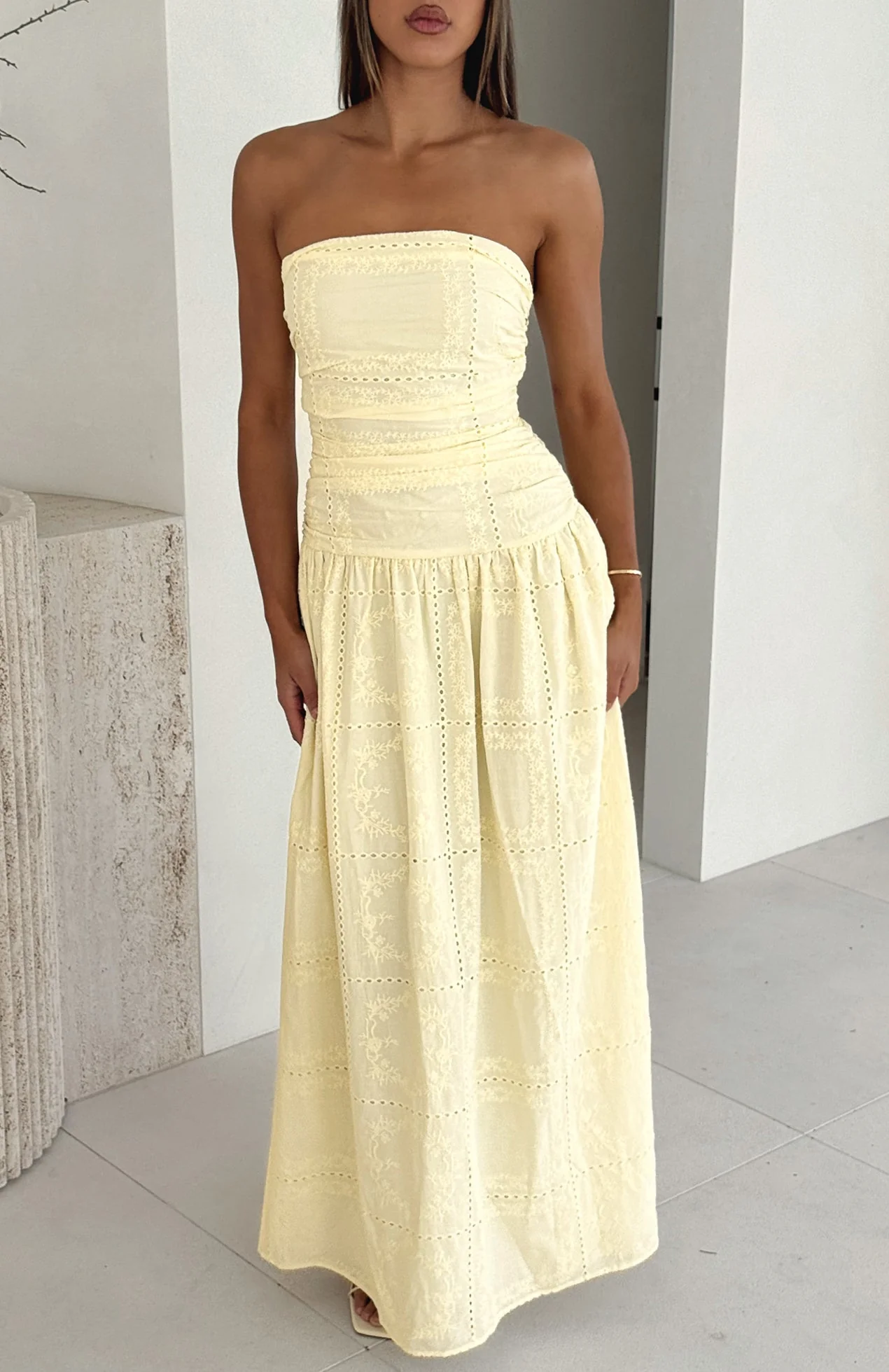 Bittersweet Babe Strapless Broderie Maxi Dress Butter