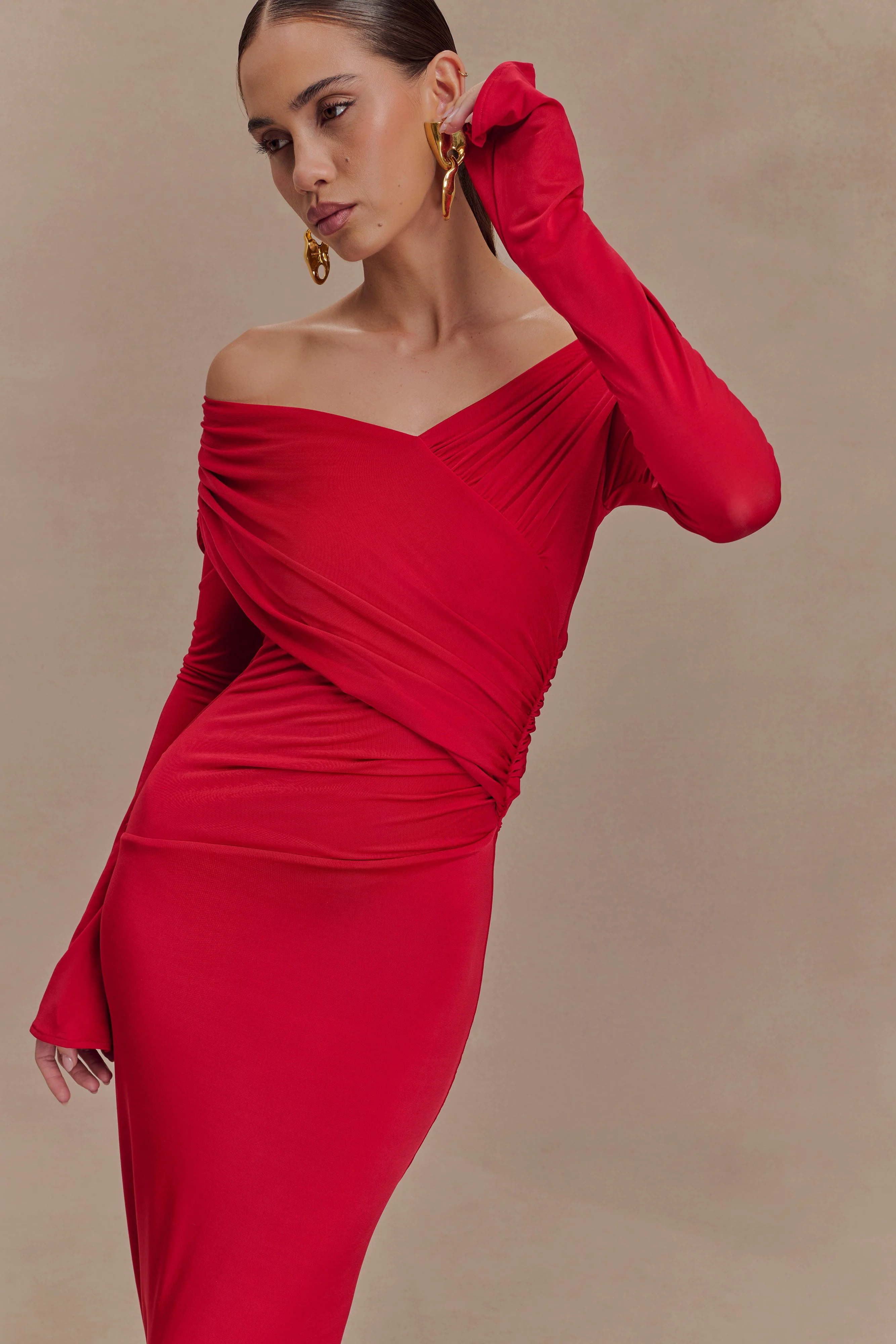 Therese-Off-Shoulder-Ruched-Maxi-Dress-Red
