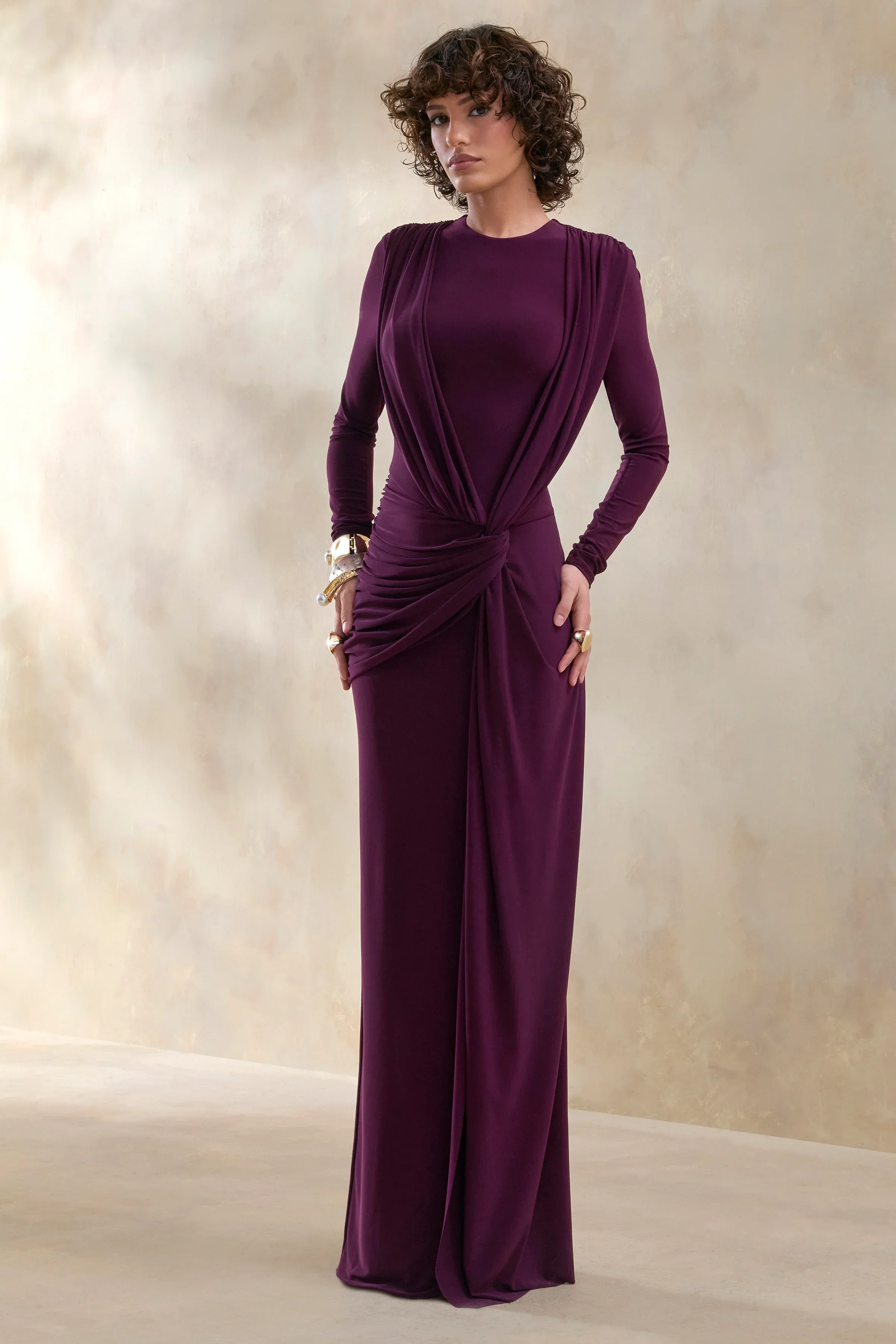 Desirelle | Plum Crew-Neck Maxi Dress With Gathered-Detailing
