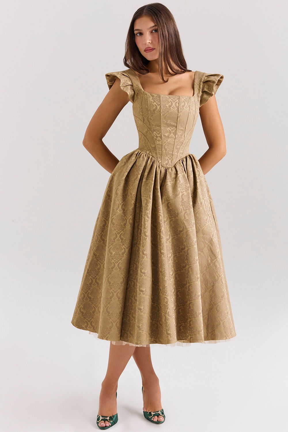 Gold Jacquard Midi Dress With Detachable Bow