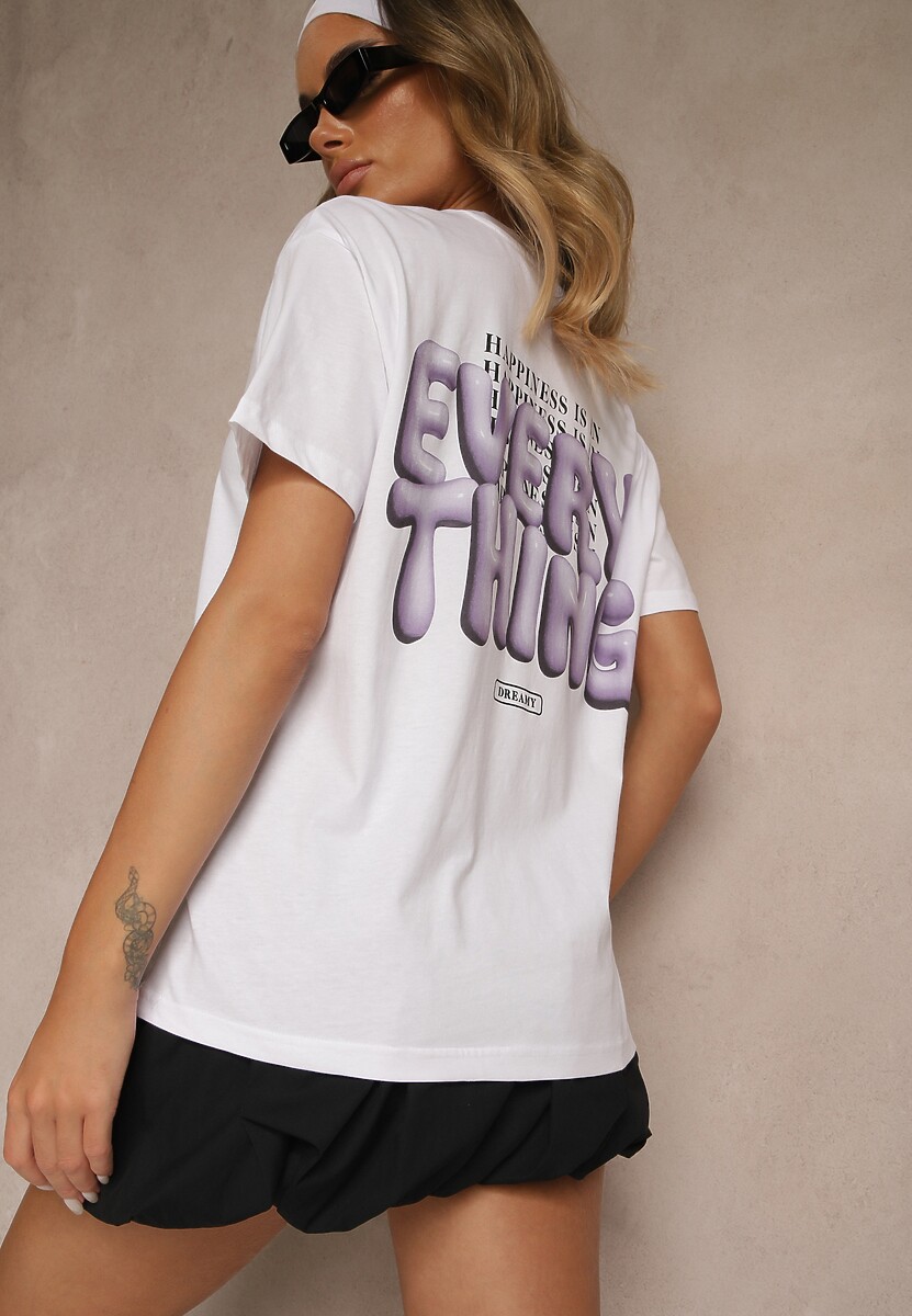 Biało-Fioletowy T-shirt z Bawełny Ozdobiony Nadrukiem Adneria
