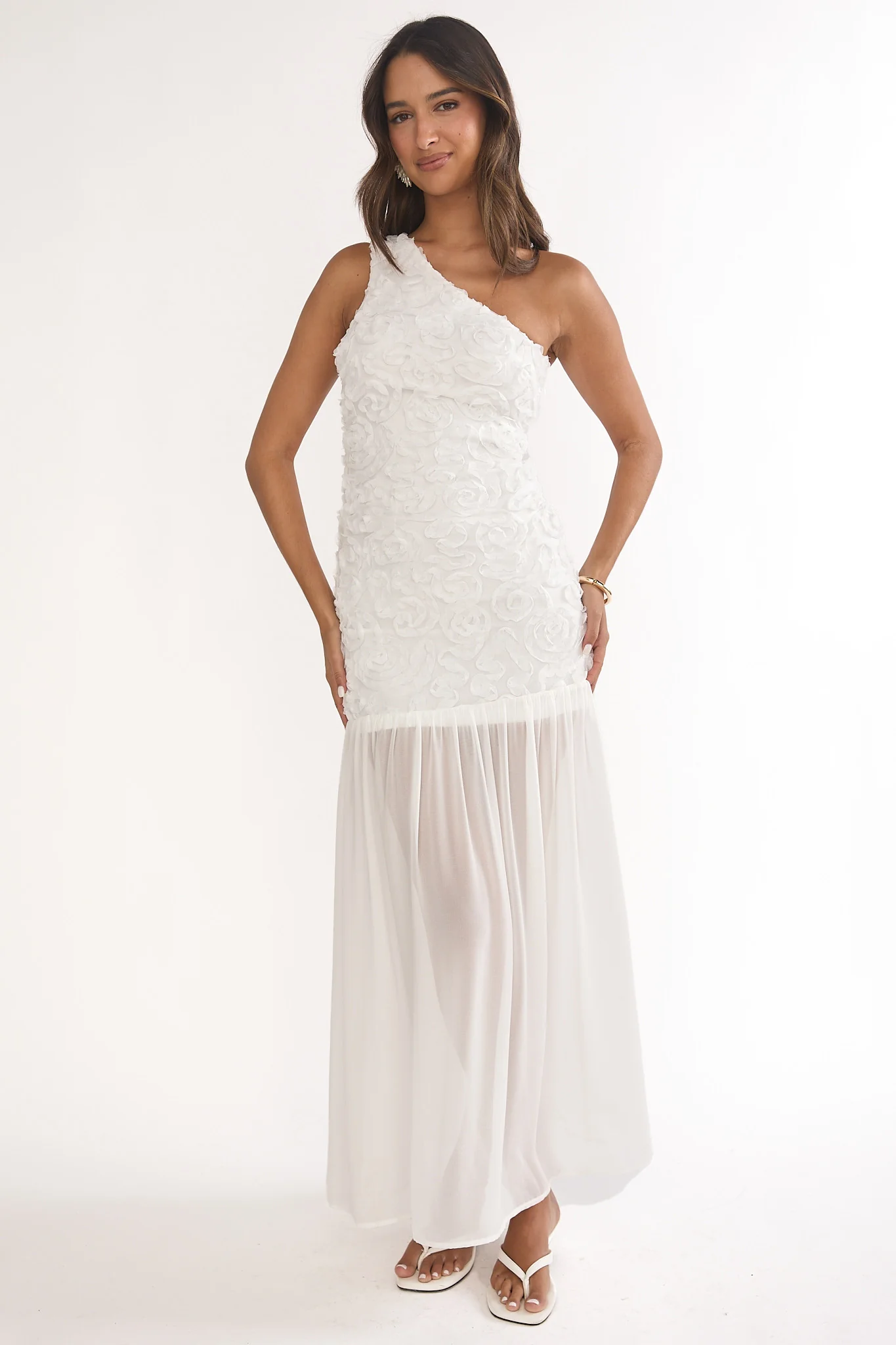 Angel Eye One Shoulder Maxi Dress Embellished White