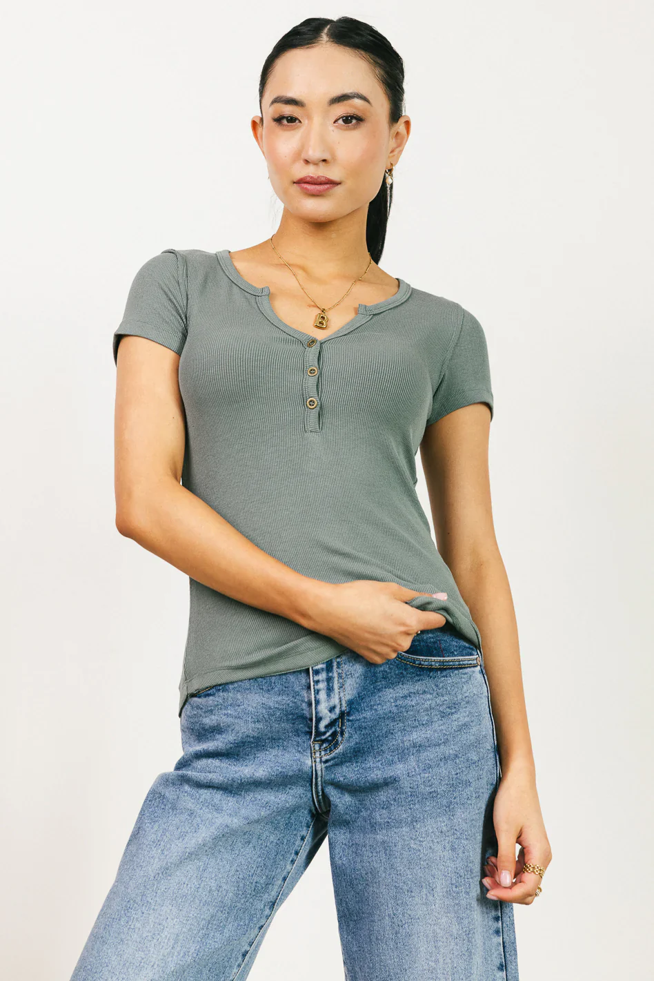 Serena Henley Top in Sage