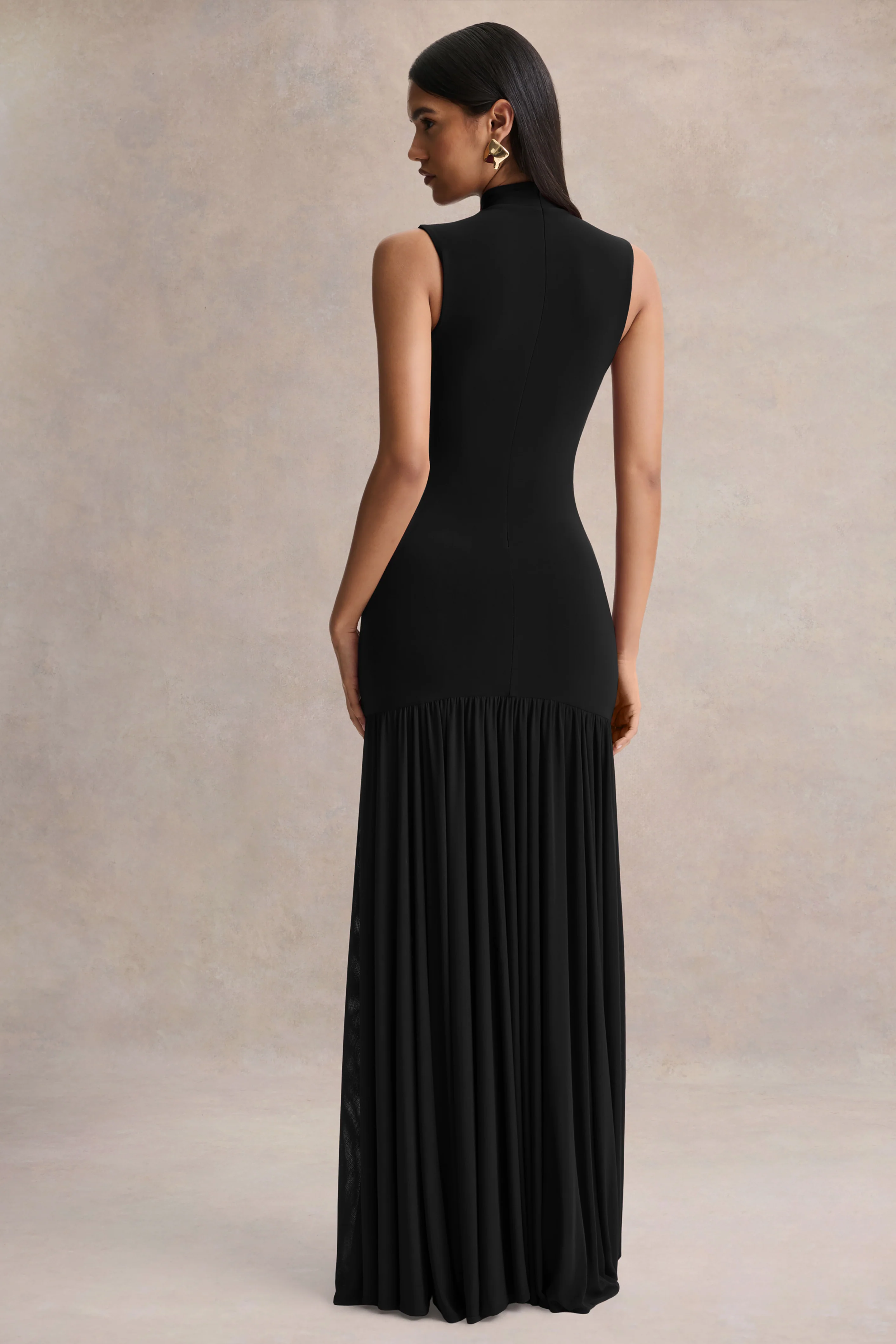 Gigi | Black High-Neck Maxi Dress With Drop-Waist And Sheer Skirt