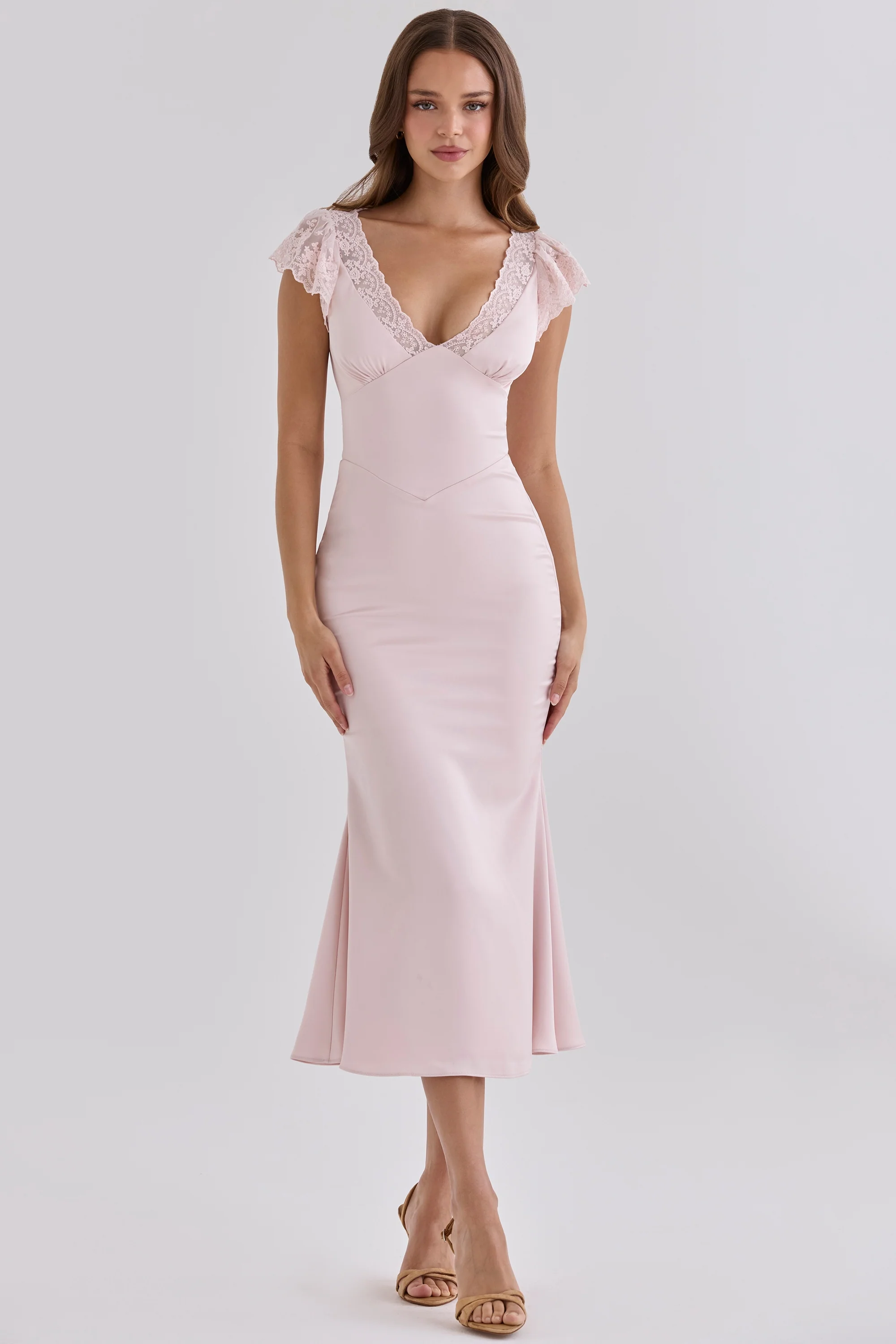 Pink Satin Lace Trim Midi Tea Dress
