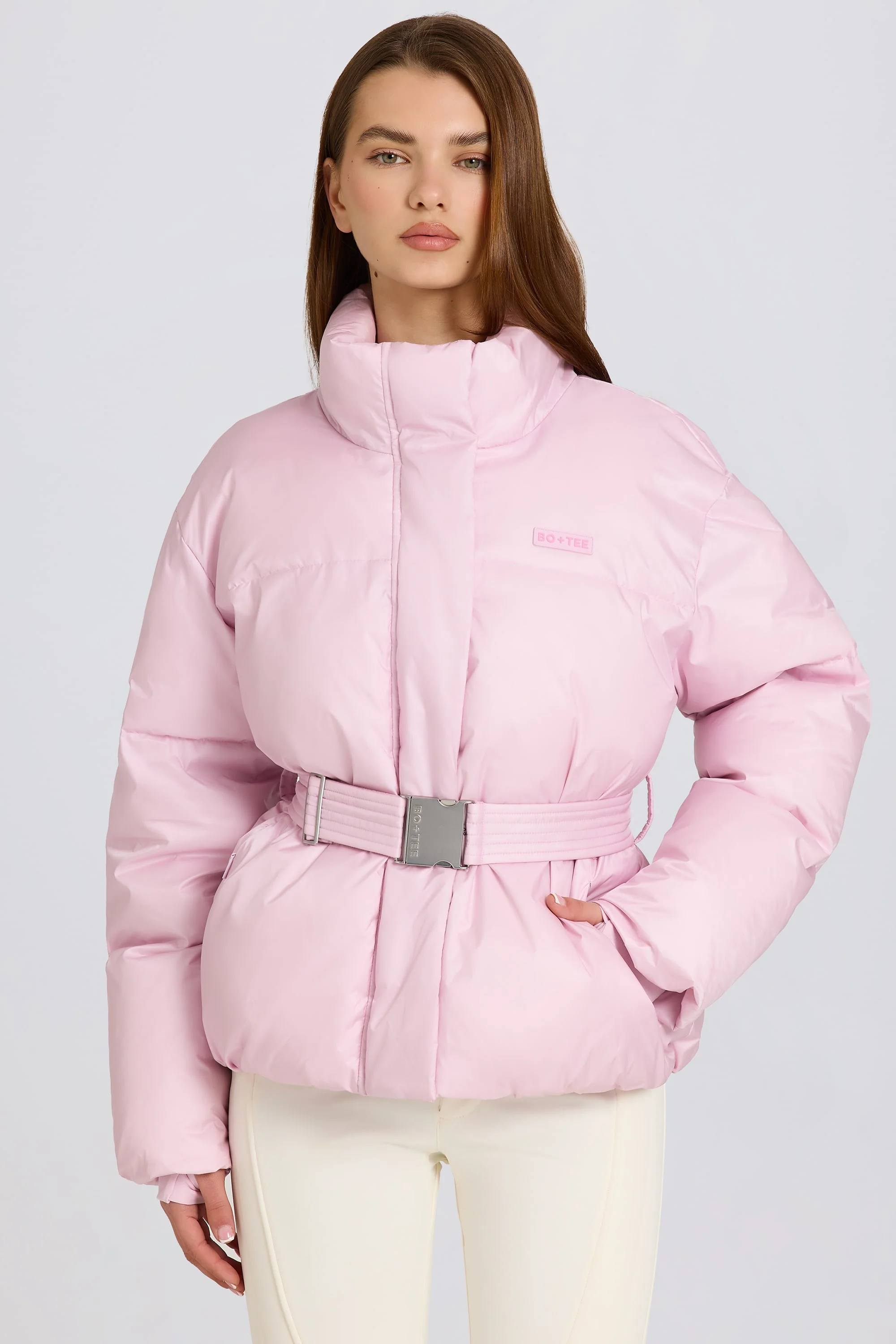 Waterproof Belted Oversized Ski Jacket in Powder Pink