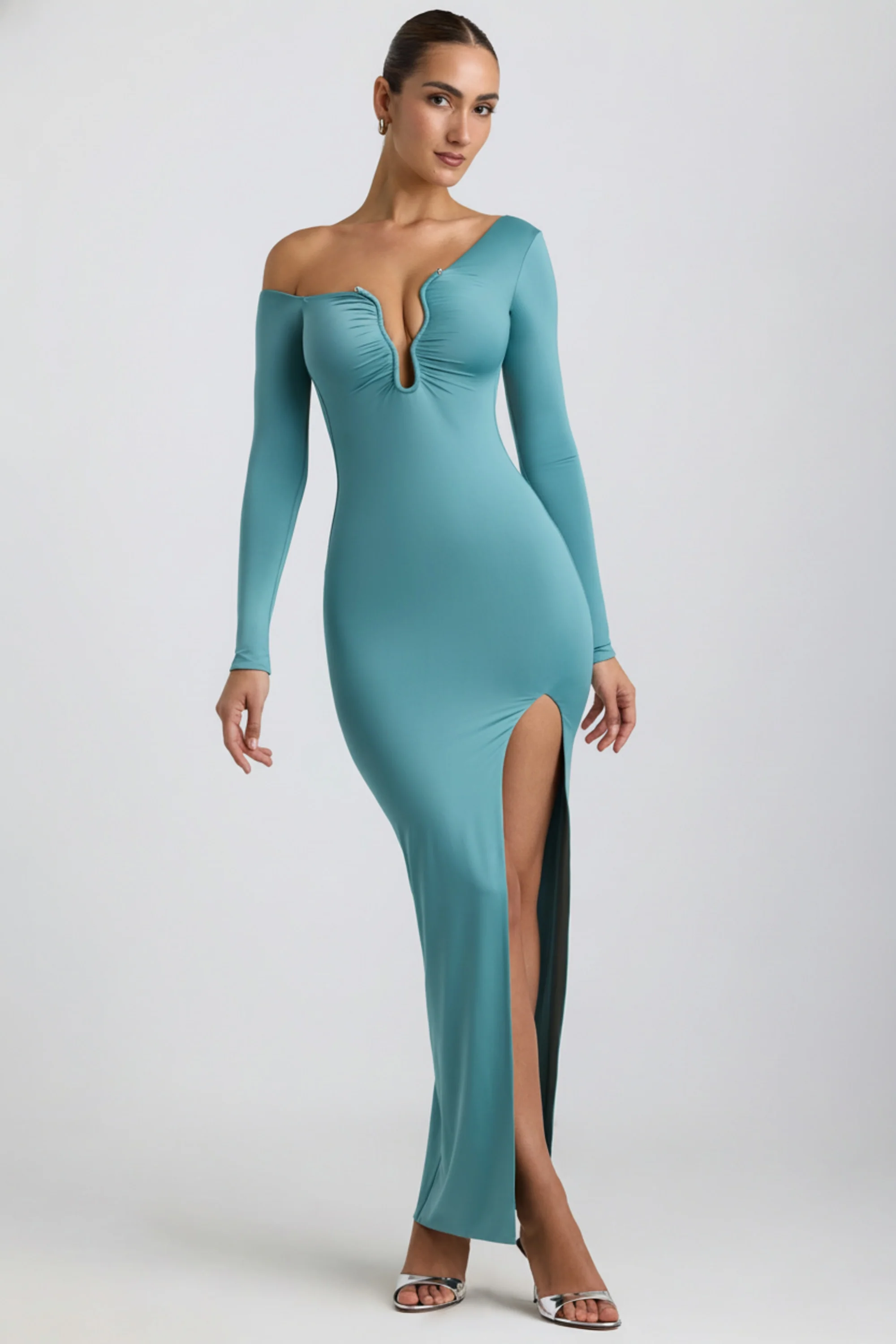 Slinky Jersey Asymmetric Ruched Hardware Detail Maxi Dress in Sea Green