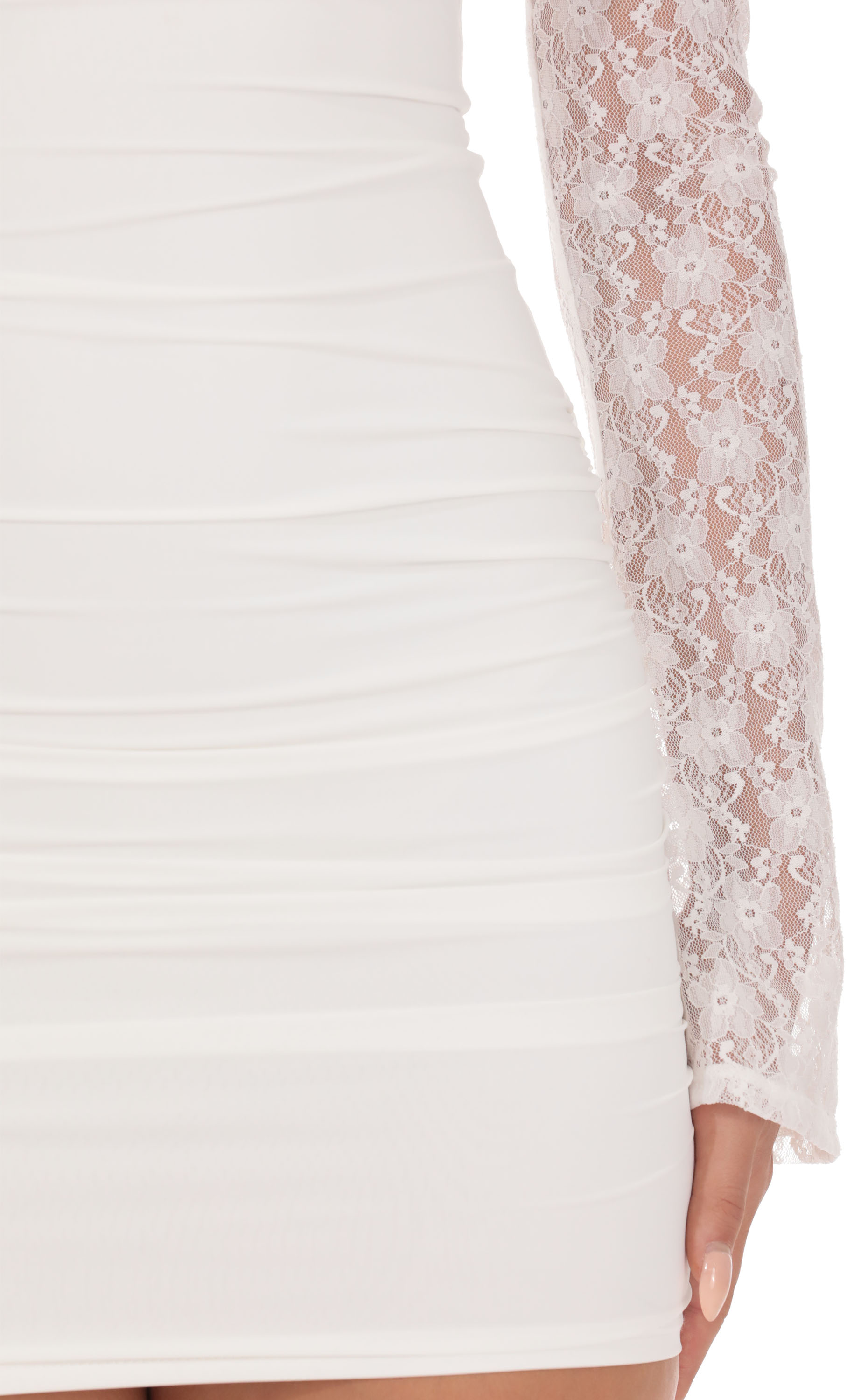 Sheer Lace Ruched Long Sleeve Mini Dress in White - luluinthesky