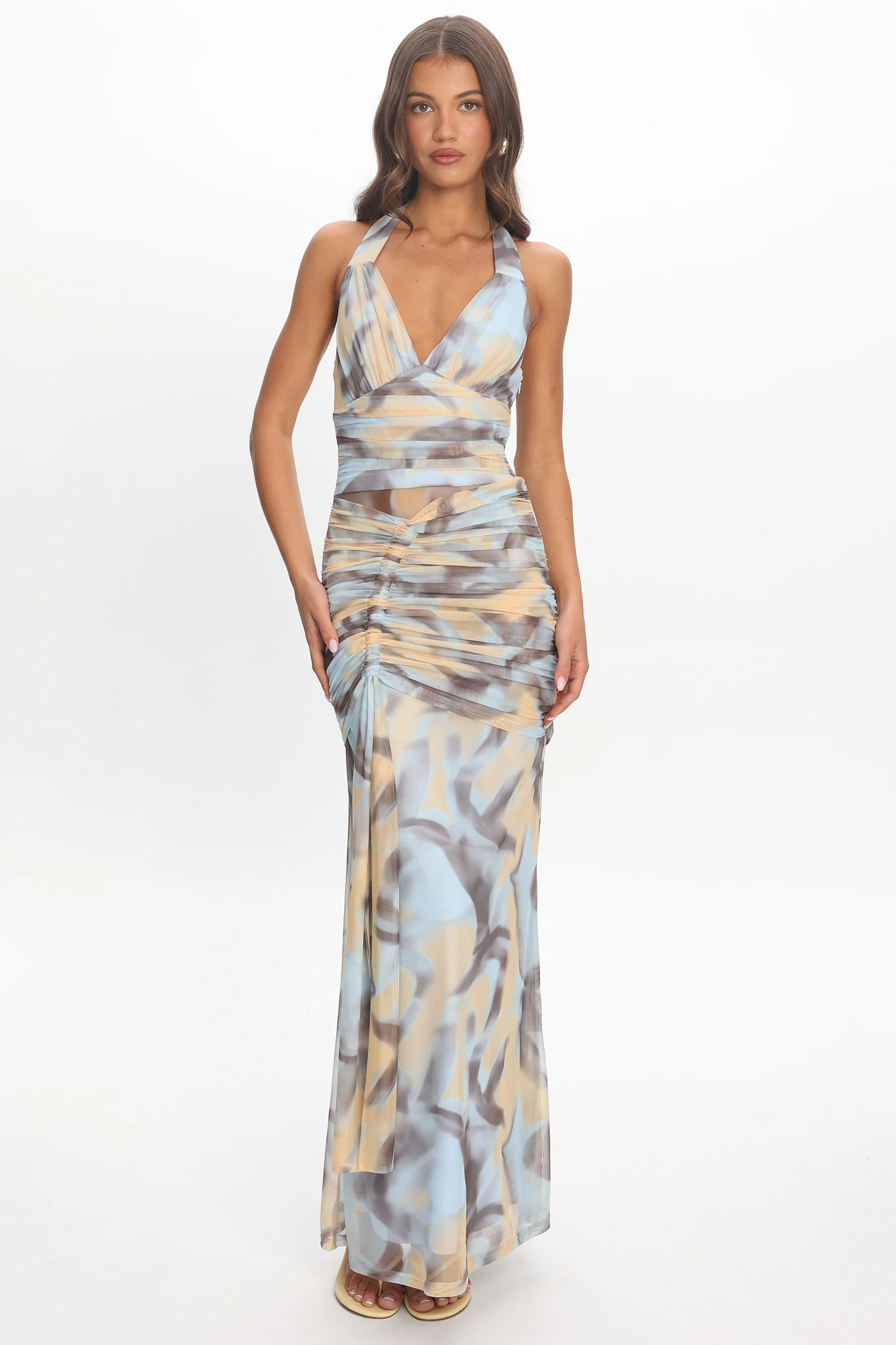 Luli Ruched Halterneck Maxi Dress Abstract Light Blue - luluinthesky