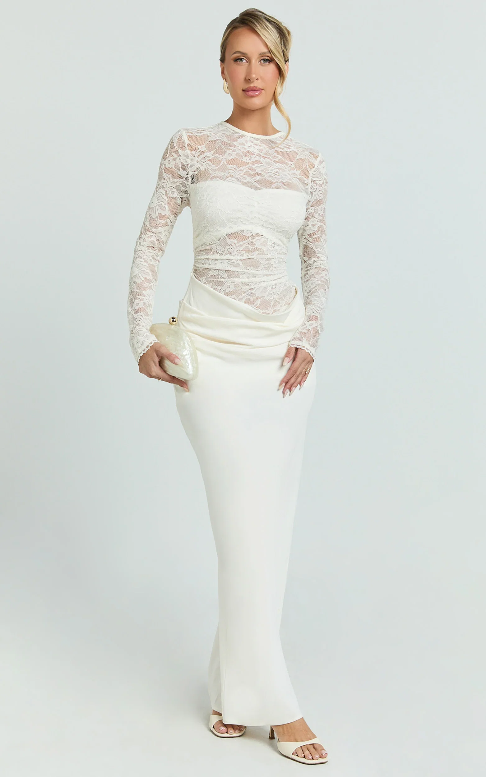 Crisanta Maxi Dress - Long Sleeve Contrast Lace Bodycon Dress in Ivory