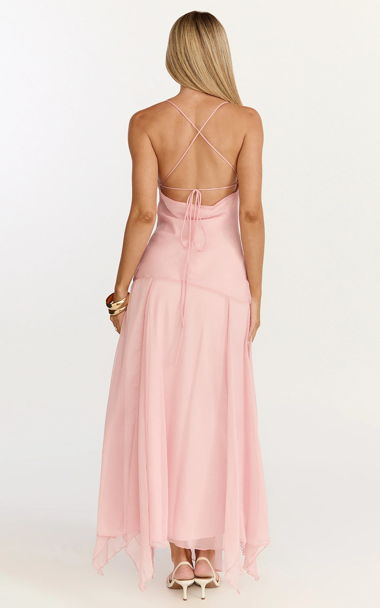 Idris Midi Dress - Cowl Neck Draped Sash Godet Dress in Soft Pink