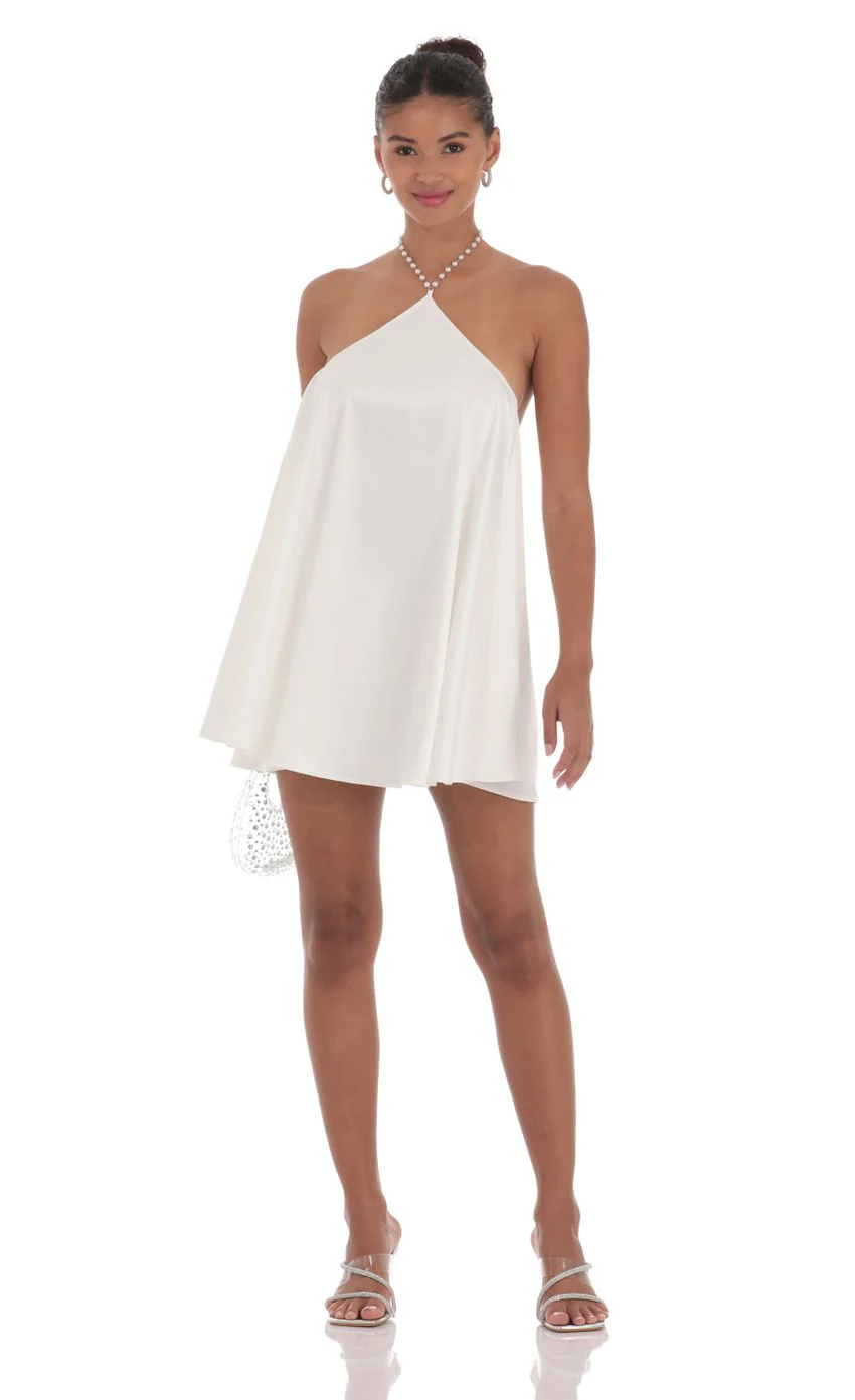 Pearl Halter Shift Dress in White
