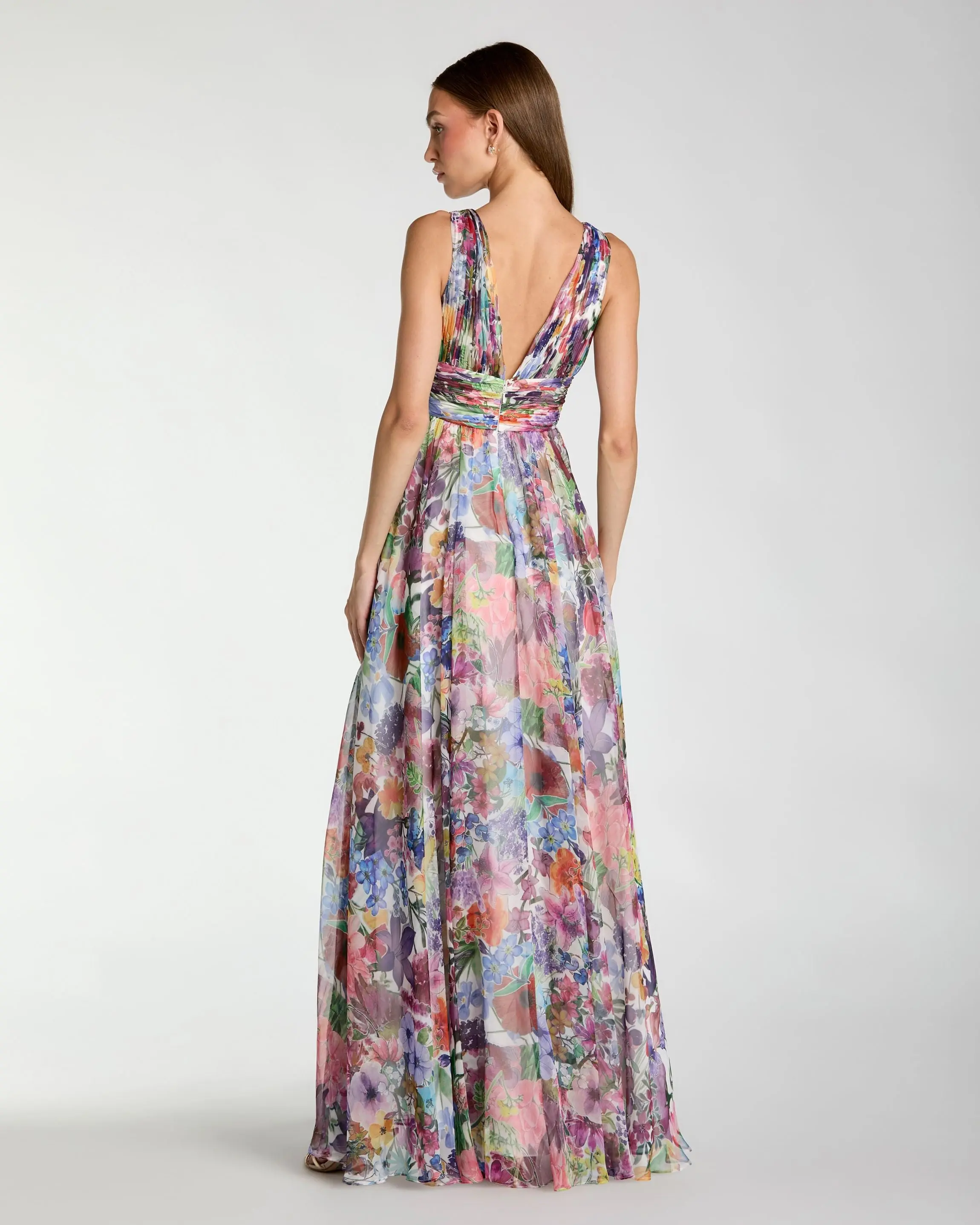 Multicolor Floral Chiffon Gown With Ruffle Slit - FASHION NOB